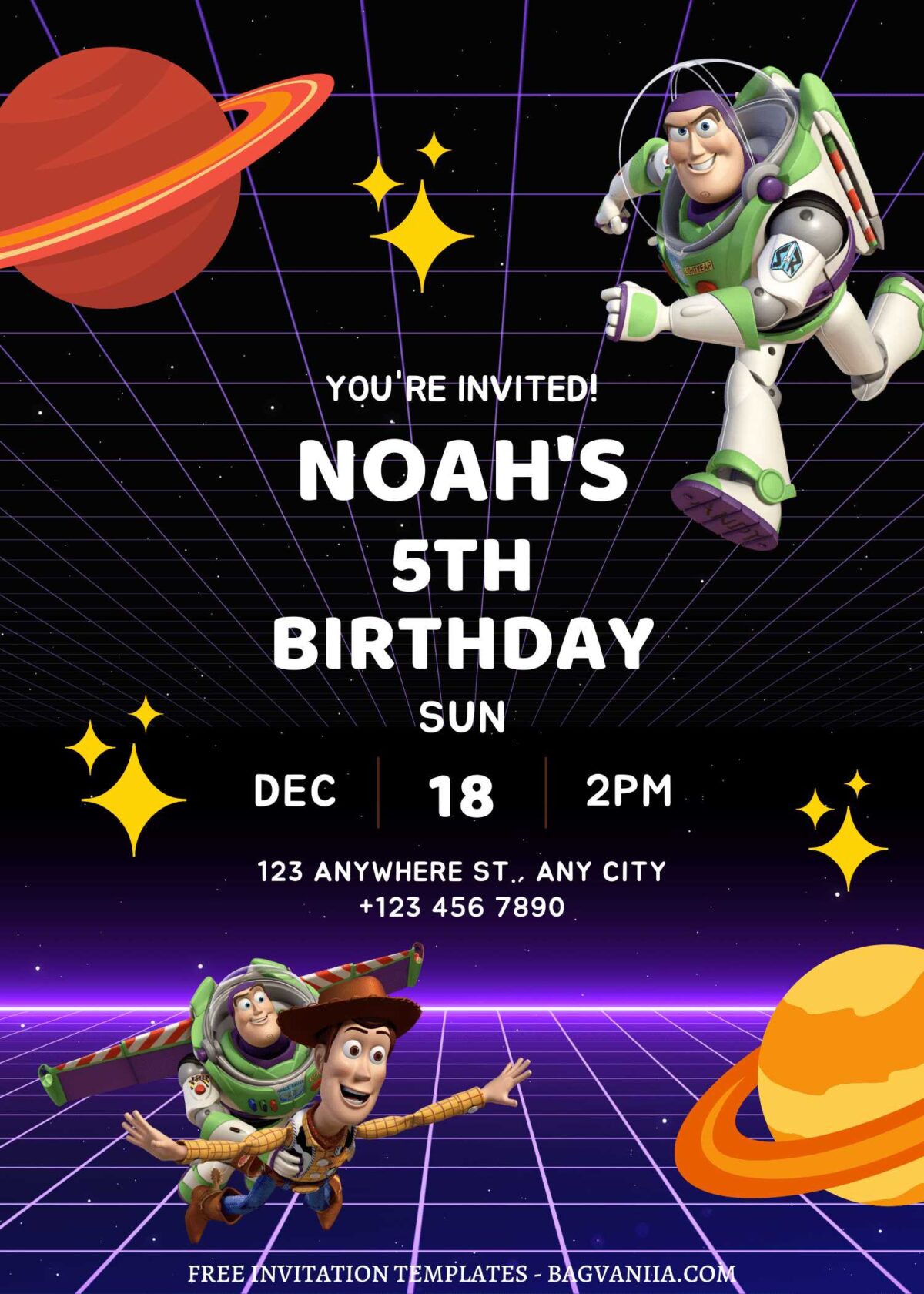 FREE EDITABLE - 8+ Space Ranger Buzz Canva Birthday Invitation Templates  with galaxy background
