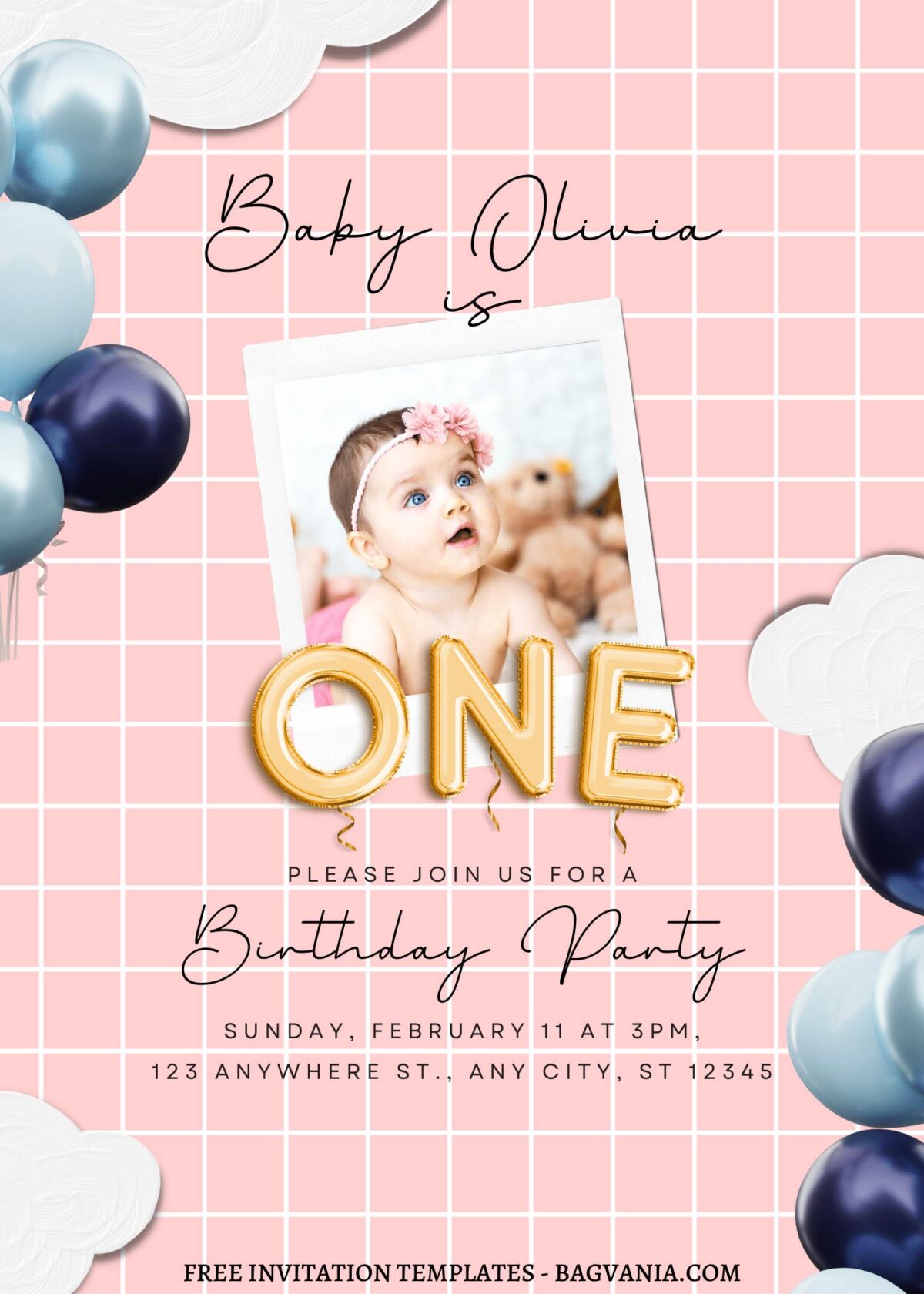 9+ Stunning Balloon And Cloud Canva Birthday Invitation Templates  with adorable purple and pink balloons