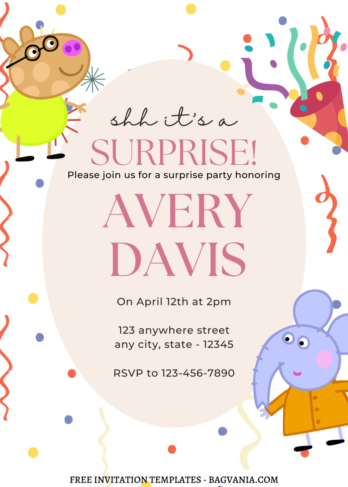 8+ Cheerful Peppa Pig Surprise Canva Birthday Invitation Templates with cute elephant