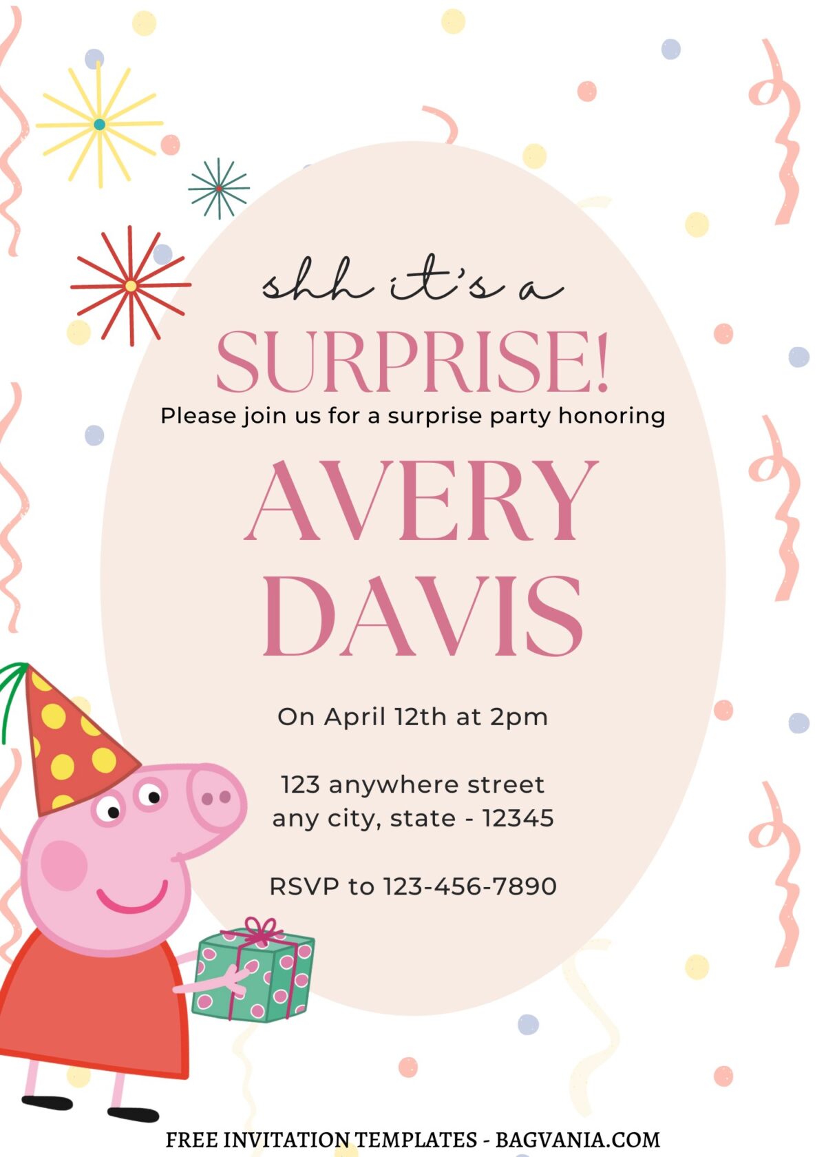 8+ Cheerful Peppa Pig Surprise Canva Birthday Invitation Templates with colorful confetti
