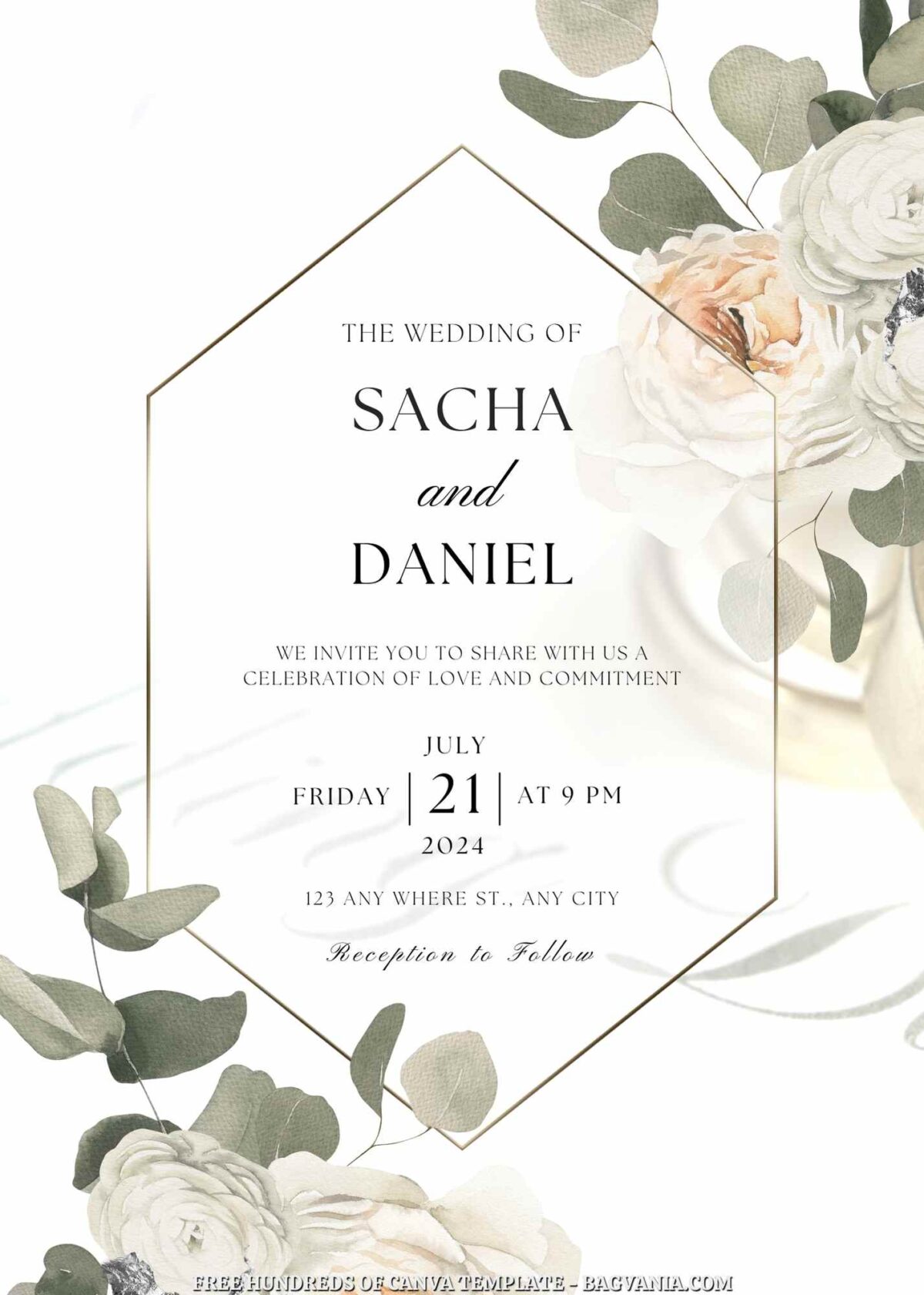 Free Editable White Floral Hexagon Frame Wedding Invitation