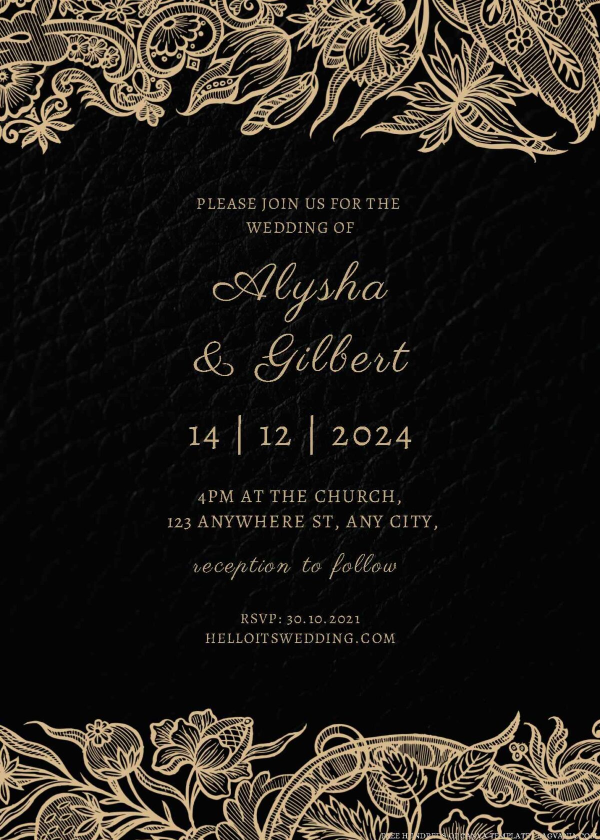 Free Editable Black Line Gold Floral Wedding Invitation 