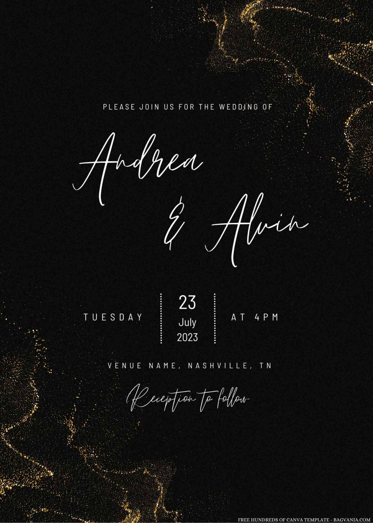 Free Editable Black Gold Glitter Wedding Invitation