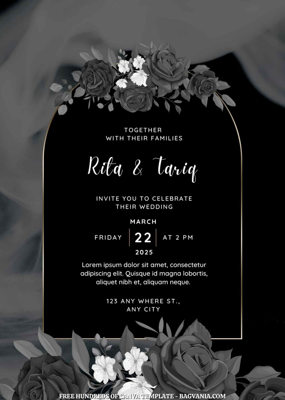 Free Editable Black Roses Wedding Invitation