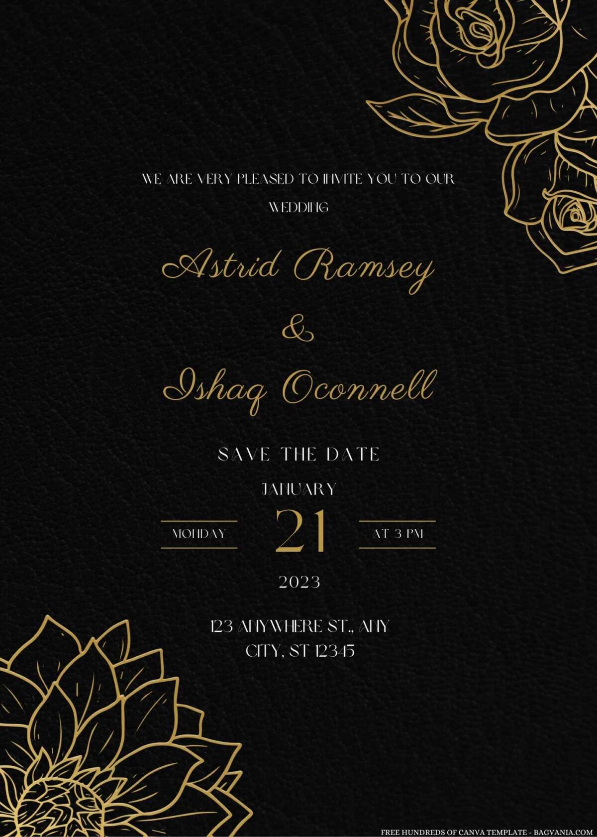 Free Editable Metallic Gold Roses Wedding Invitation