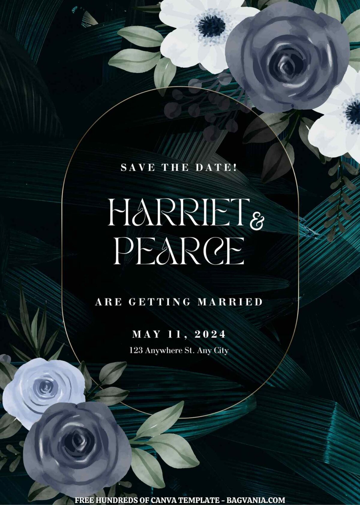 Free Editable Dark Blue Roses Wedding Invitation