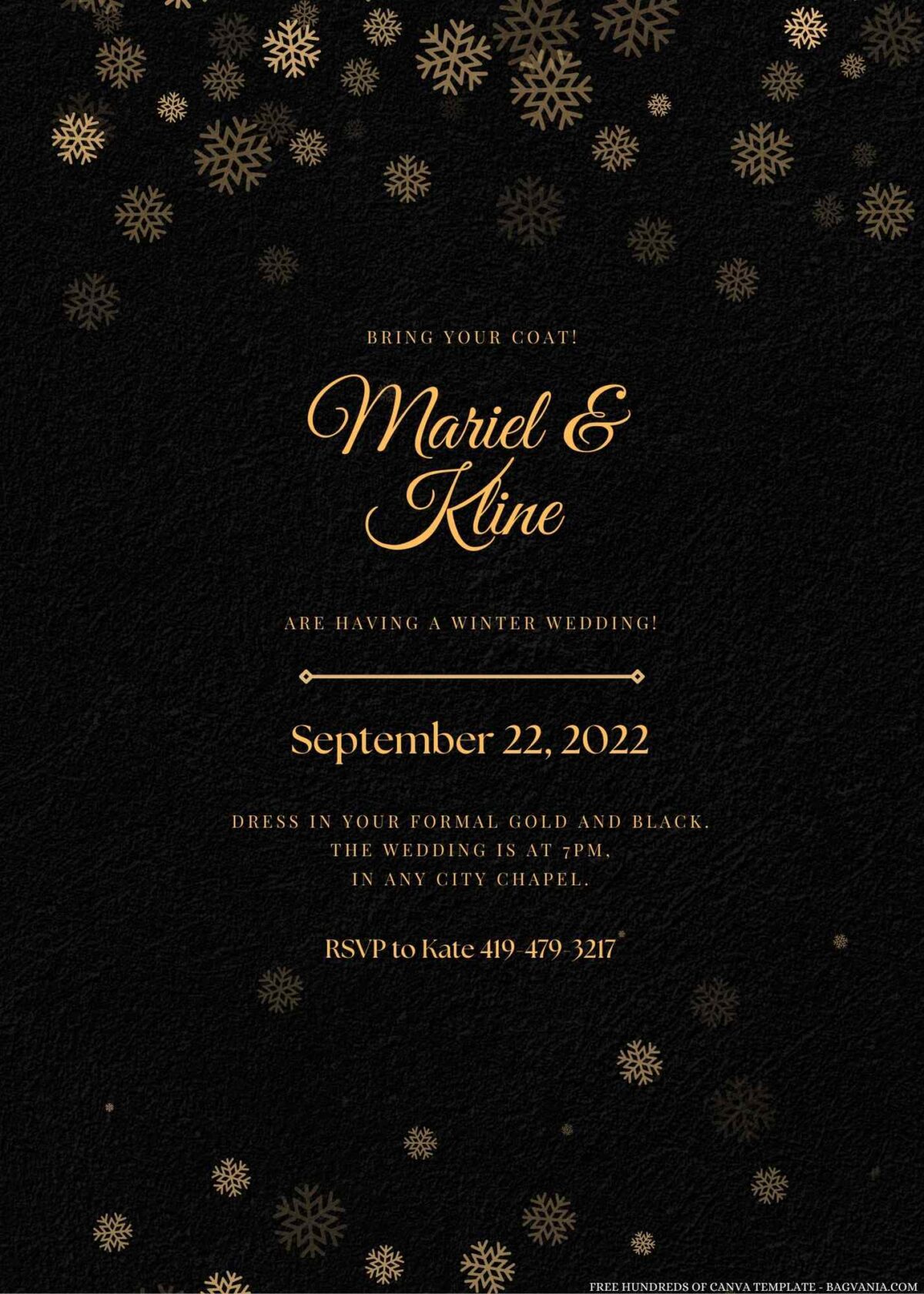 Free Editable Snow Gold Black Background Wedding Invitation