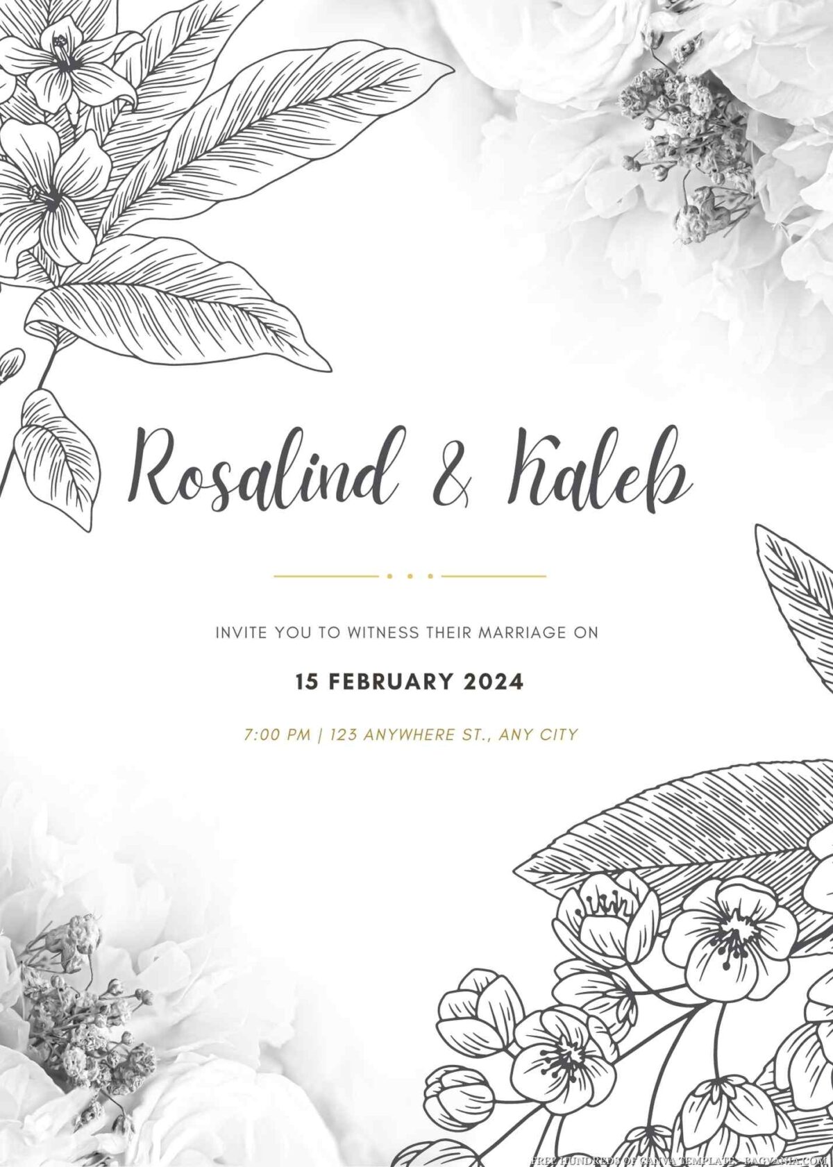 Free Editable Floral Black And White Wedding Invitation