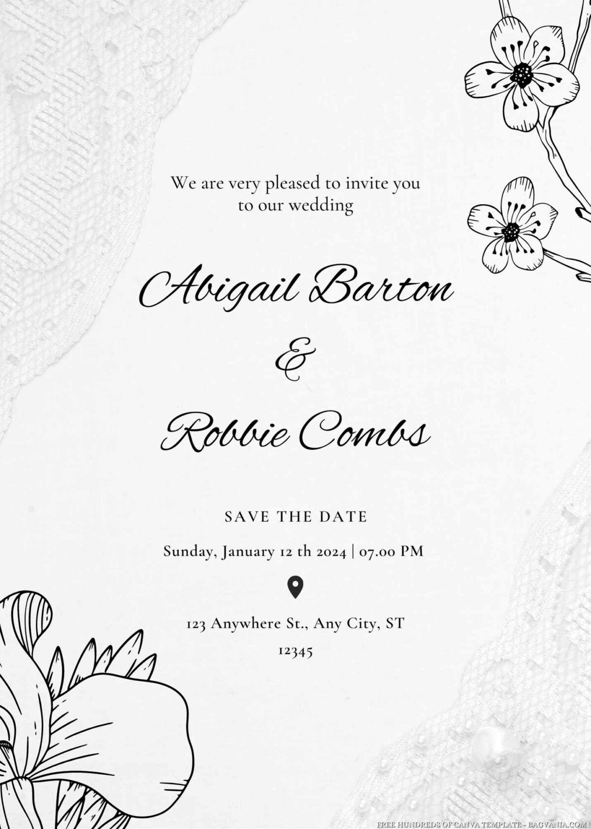 Free Editable Flower Hand Drawn White Lace Wedding Invitation