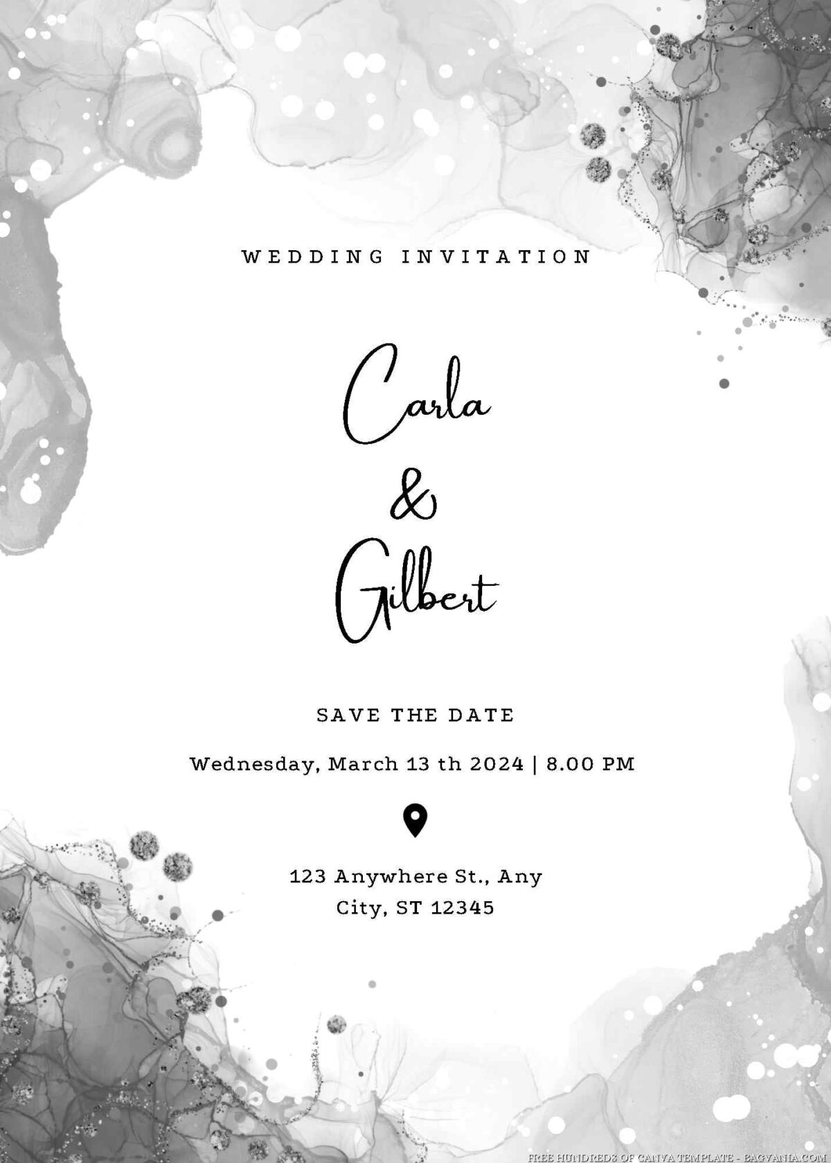 Free Editable Black and White Ink Glitter Wedding Invitation