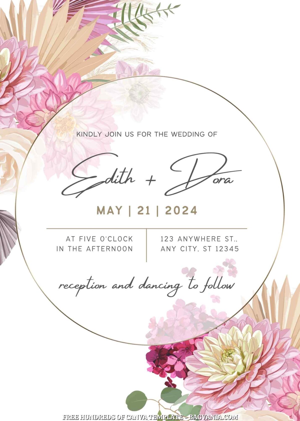 Free Editable White Dry Pink Floral Wedding Invitation