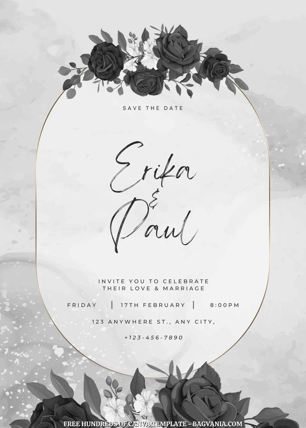 Free Editable Roses White Black Wedding Invitation