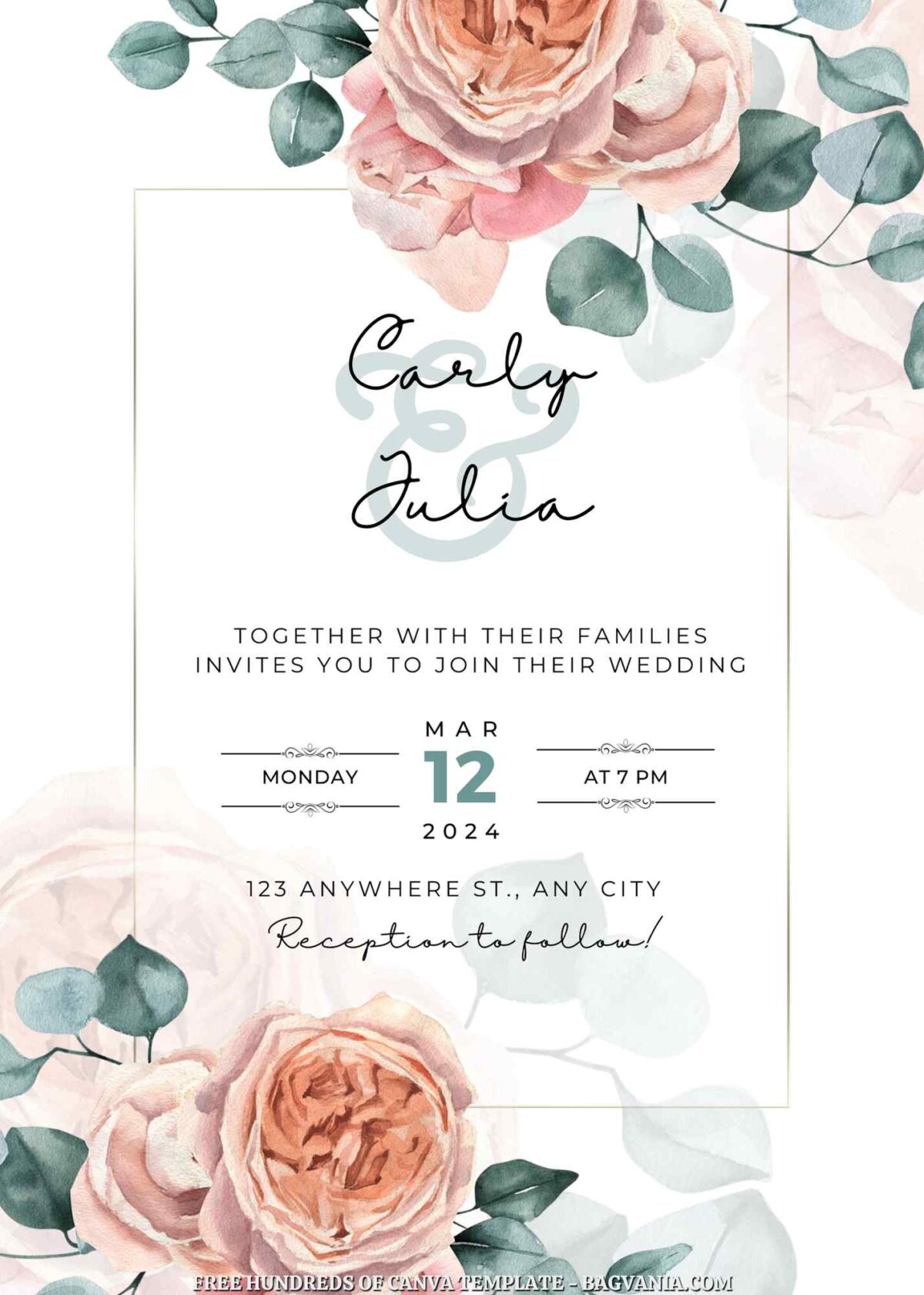 Free Editable Roses Eucalyptus Leaves Wedding Invitation 