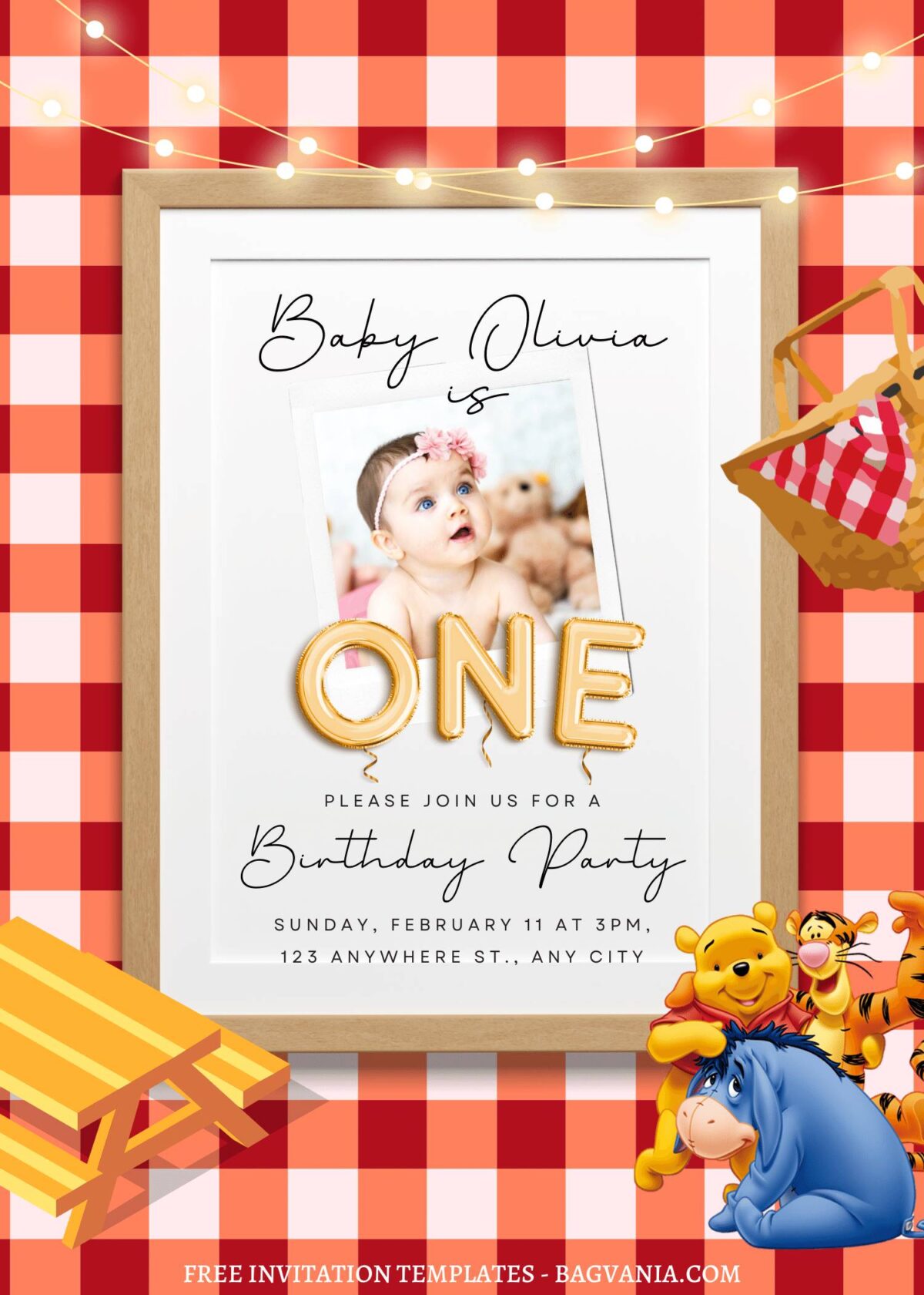 10+ Summer Fiesta Winnie The Pooh Canva Birthday Invitation Templates  with gingham background