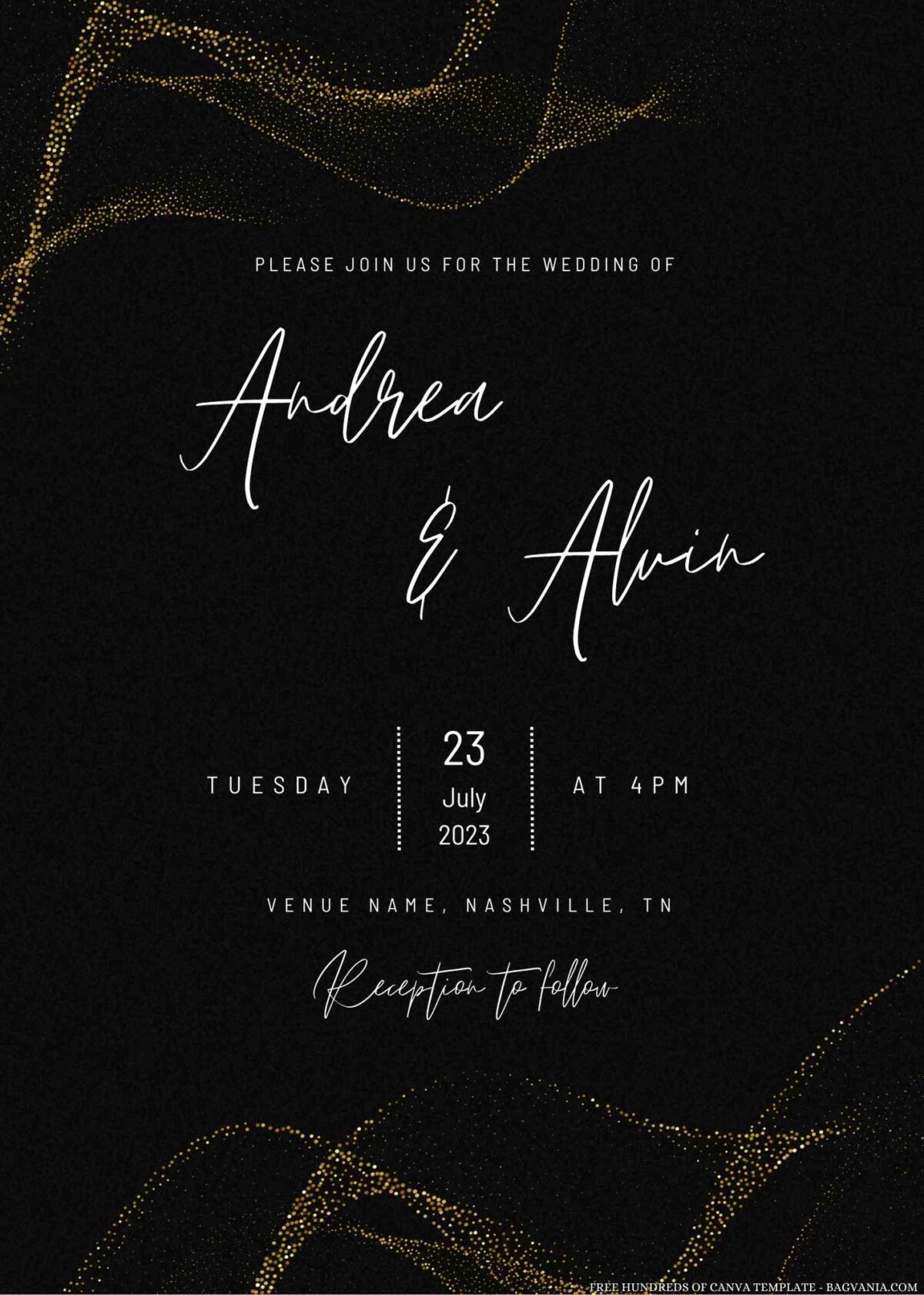 Free Editable Black Gold Glitter Wedding Invitation