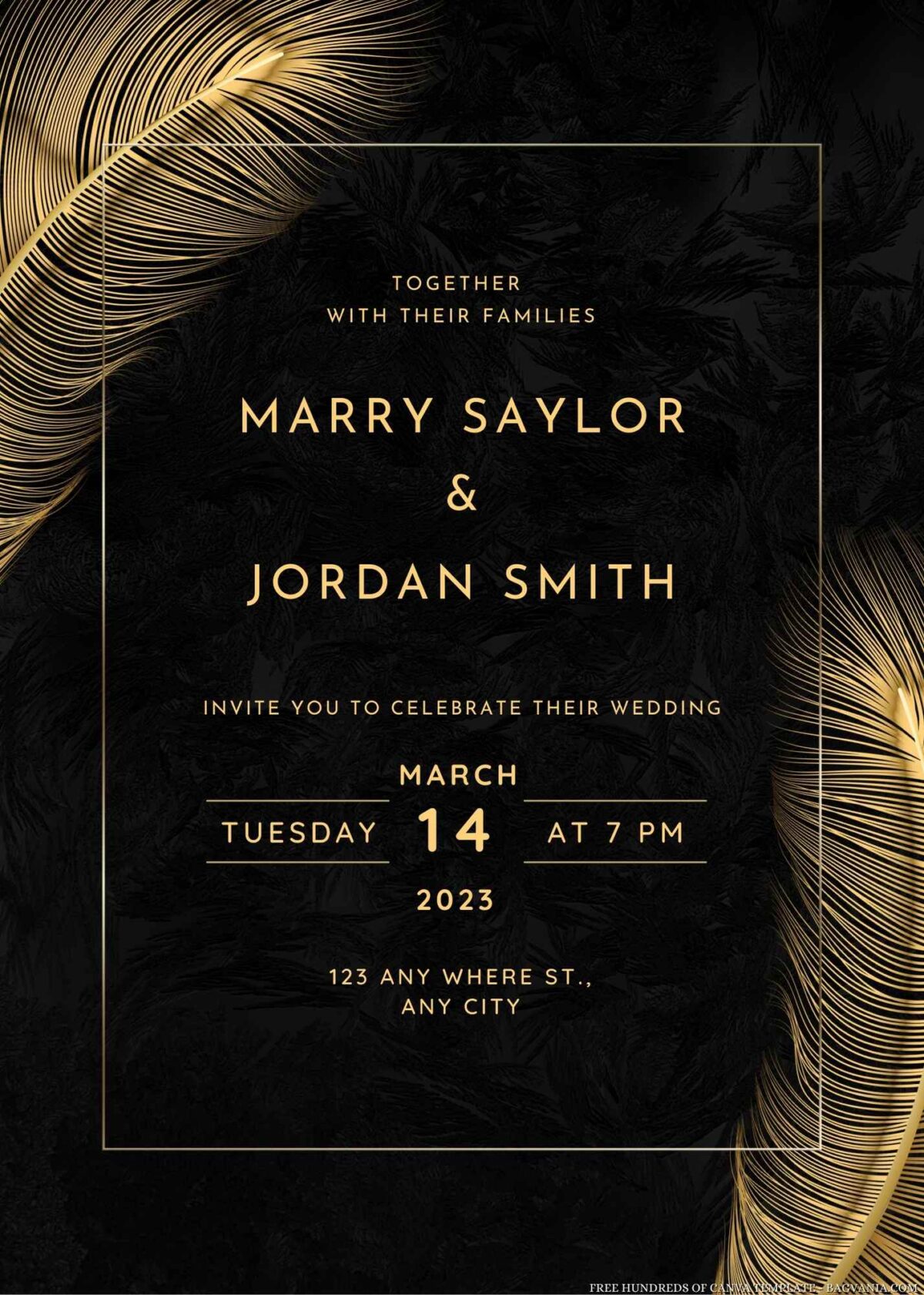 Free Editable Gold Feather Wedding Invitation