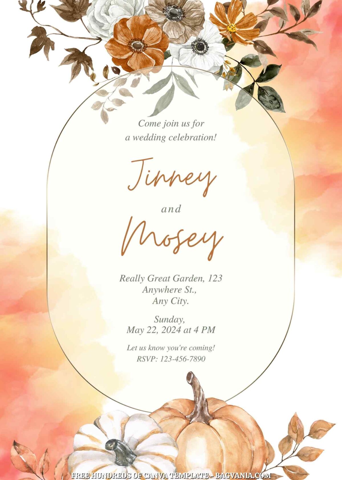 Free Editable Watercolor Autumn Floral Wedding Invitation