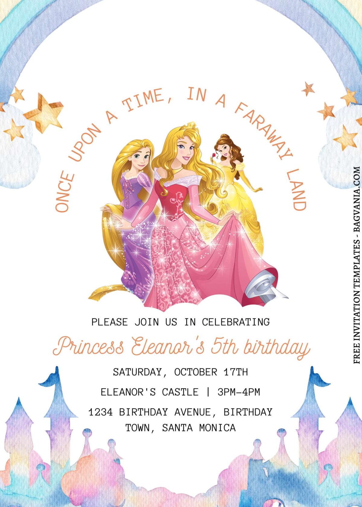 11+ Fairy Tale Disney Princess Castle Canva Birthday Invitation Templates with watercolor princess castle