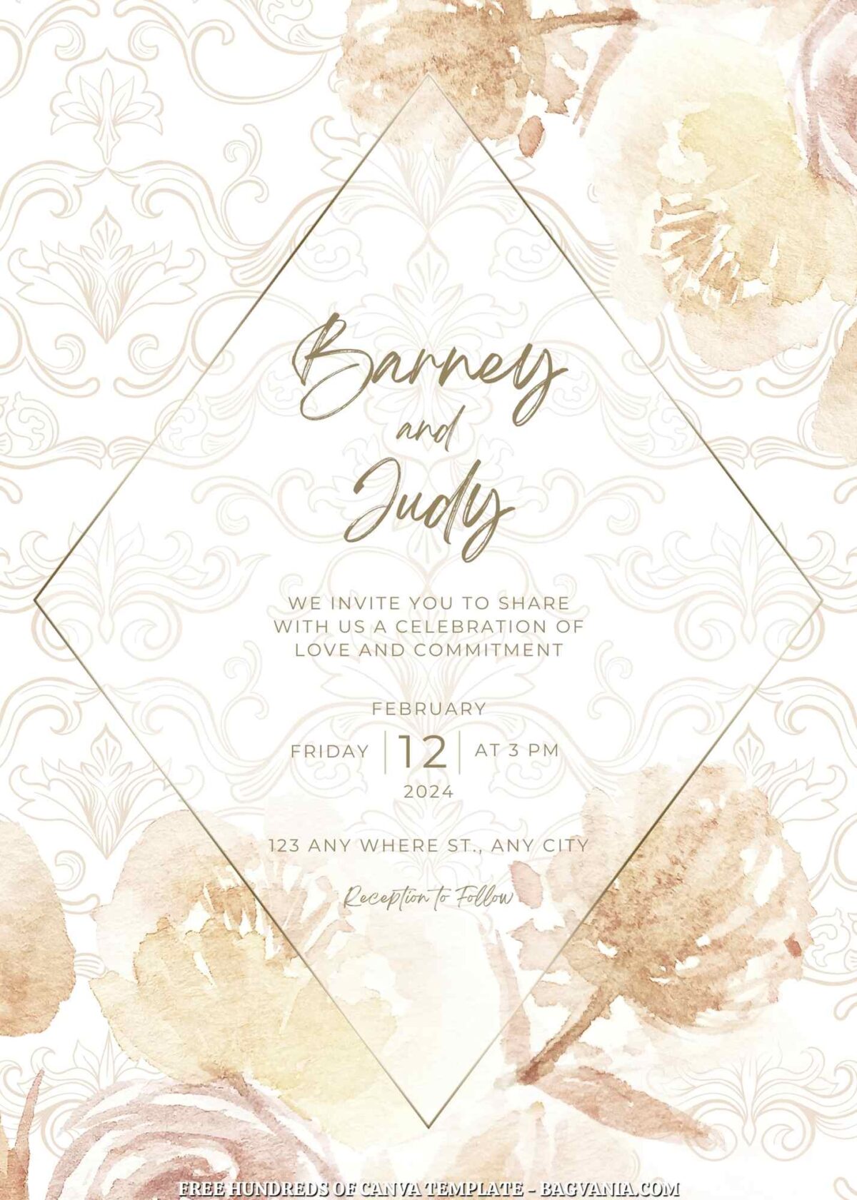 Free Editable Brown Floral Watercolor Wedding Invitation