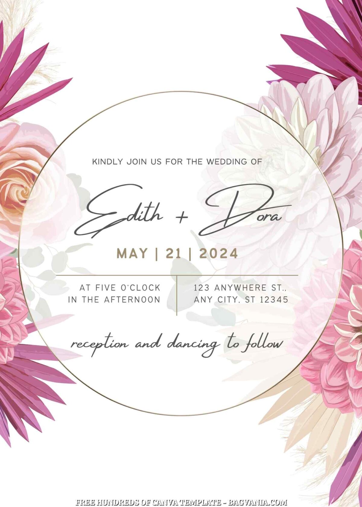 Free Editable White Dry Pink Floral Wedding Invitation