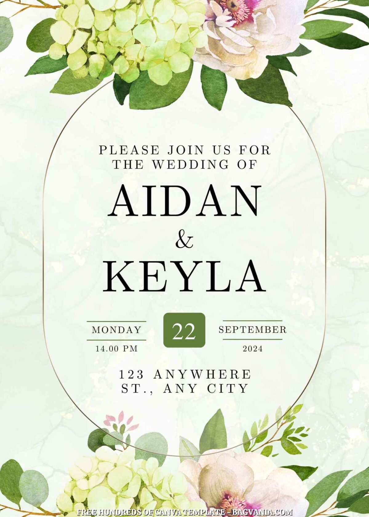 Free Editable Green Pink Bouquet Floral Wedding Invitation