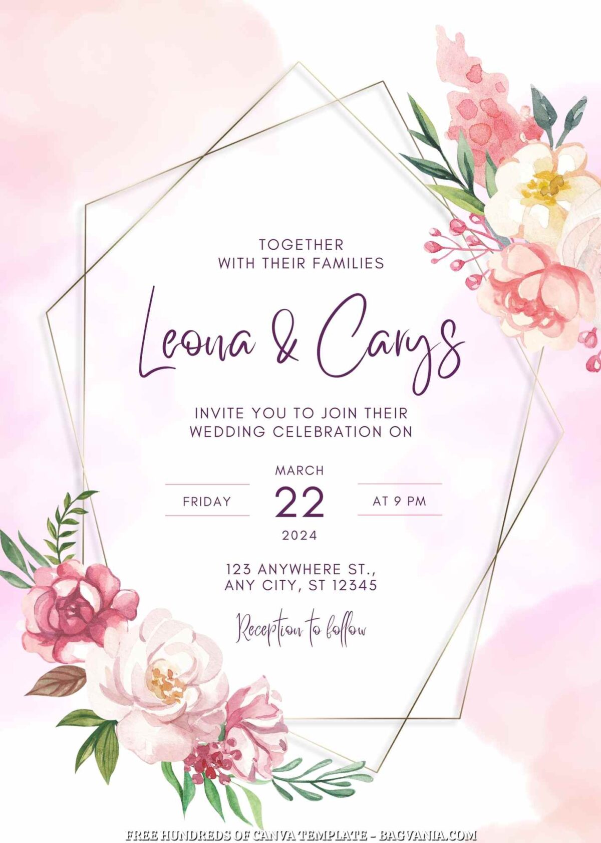 Free Editable Pink Flower Arrangement Wedding Invitation