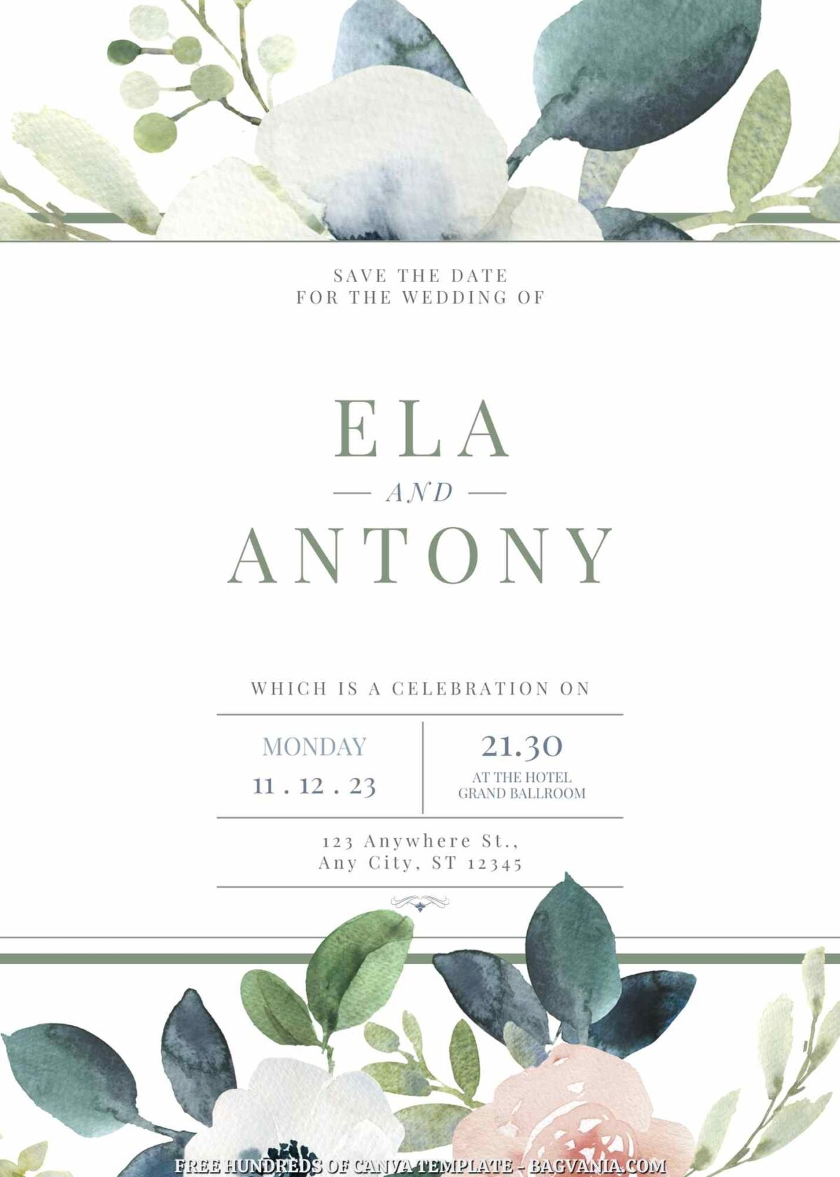 Free Editable Rectangle Watercolor Floral Wedding Invitation