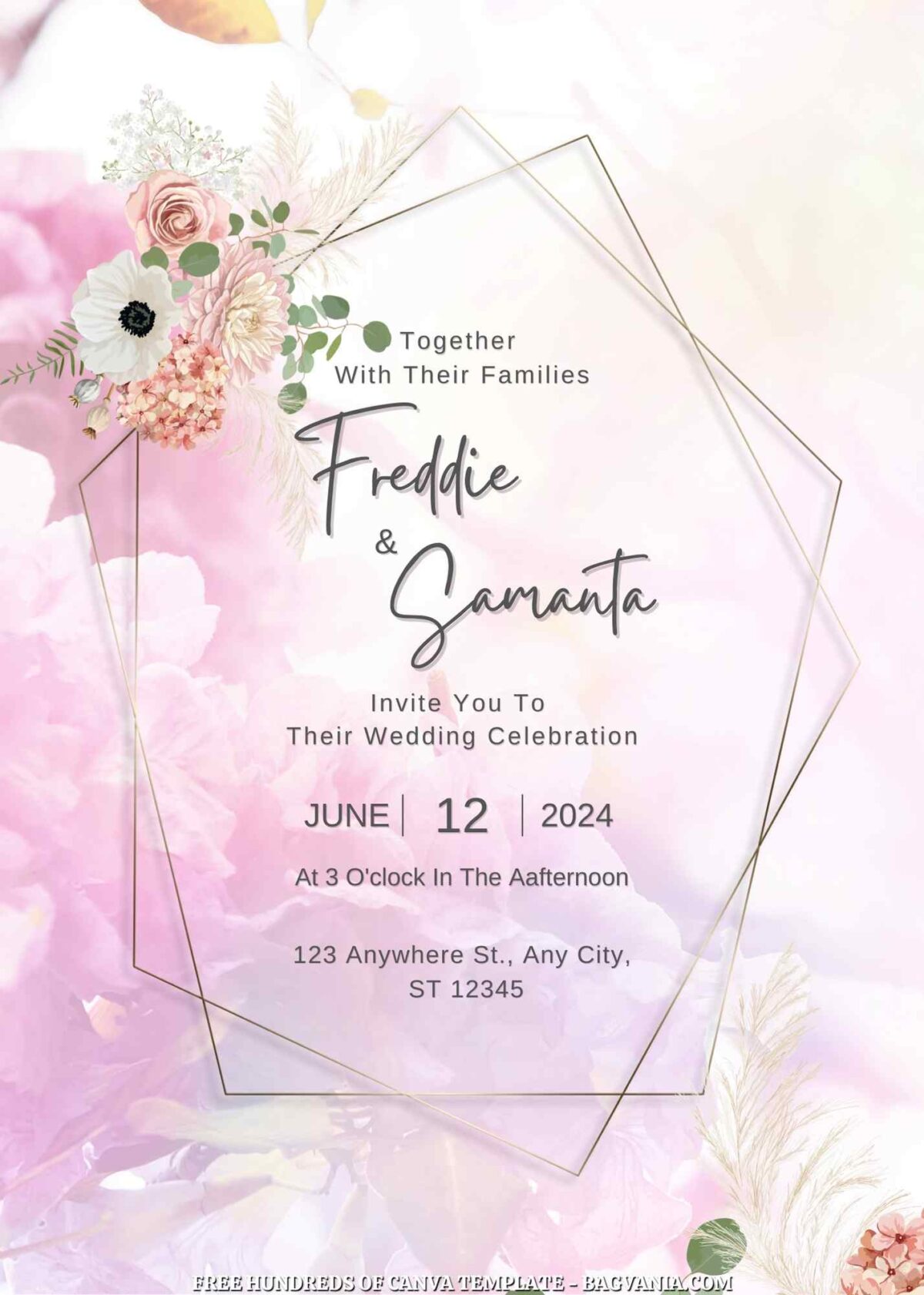 Free Editable White Pink Floral Wedding Invitation