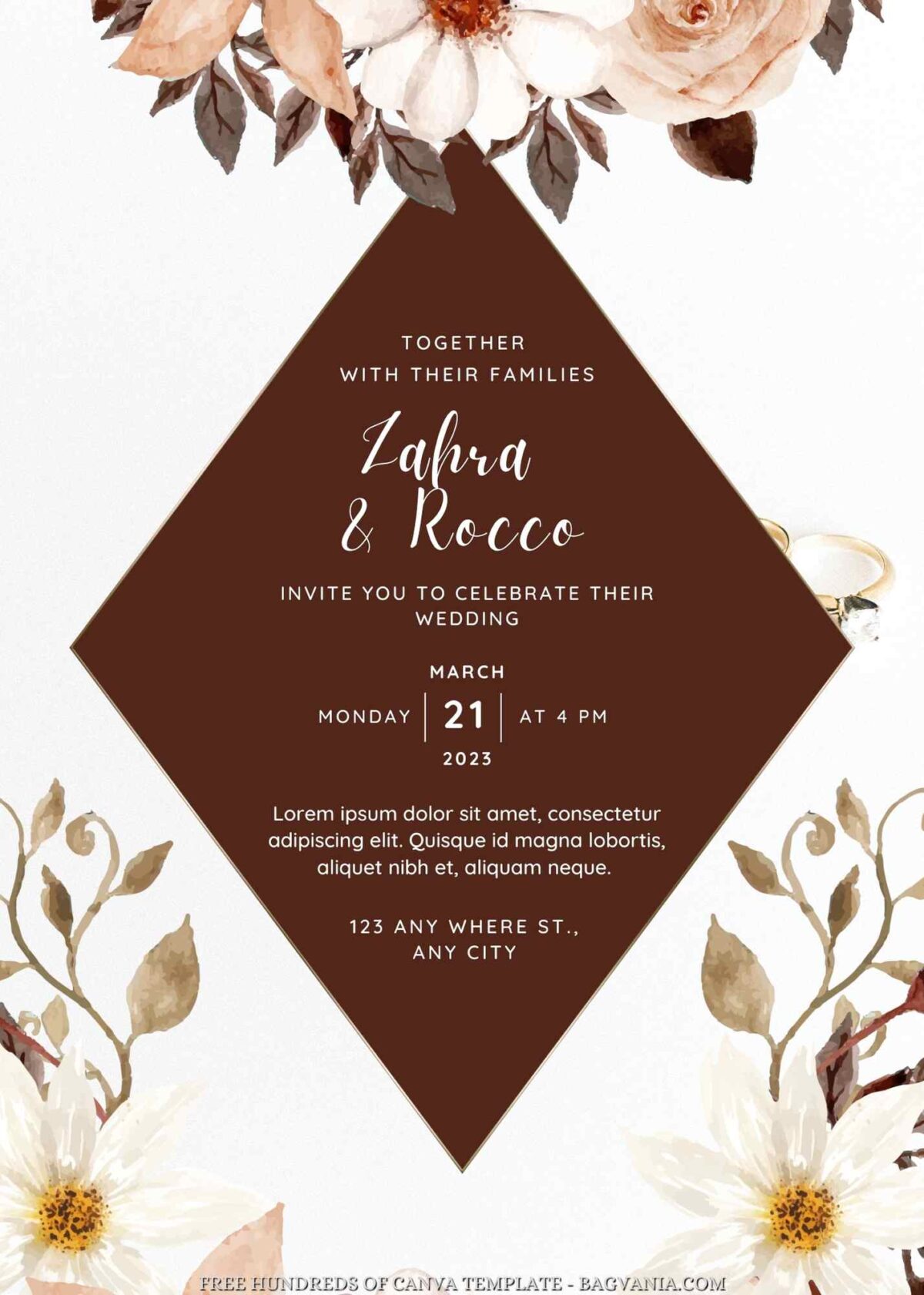 Free Editable Elegant White Brown Floral Wedding Invitation