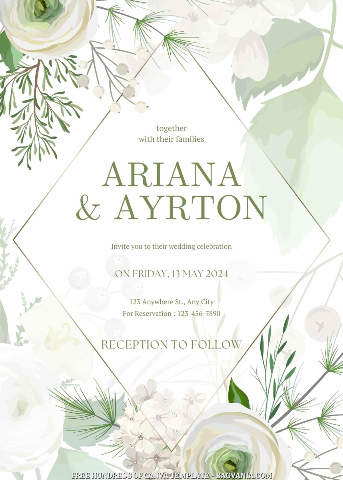Free Editable Green Winter Floral Wedding Invitation