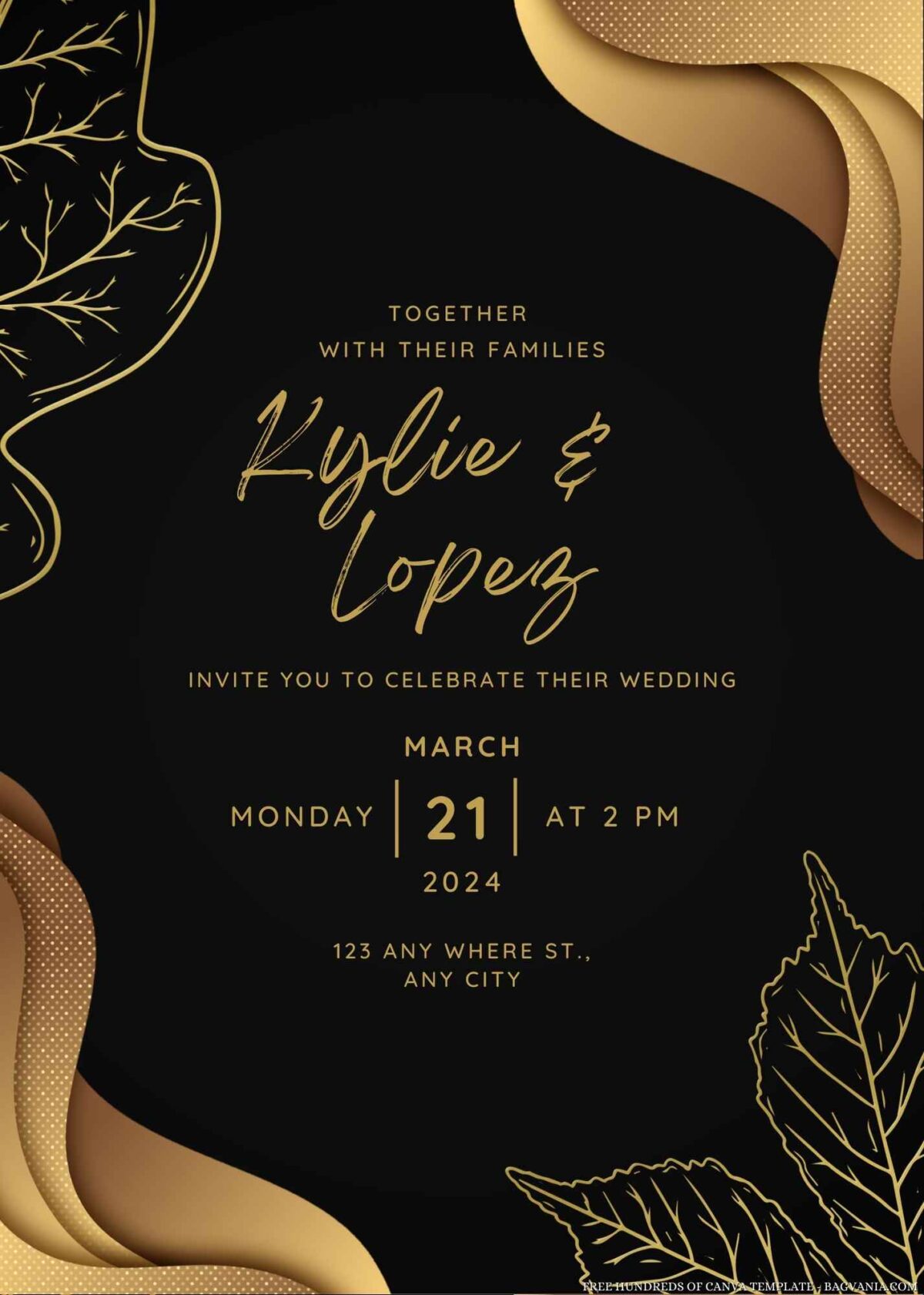 Free Editable Golden Floral Border Wedding Invitation