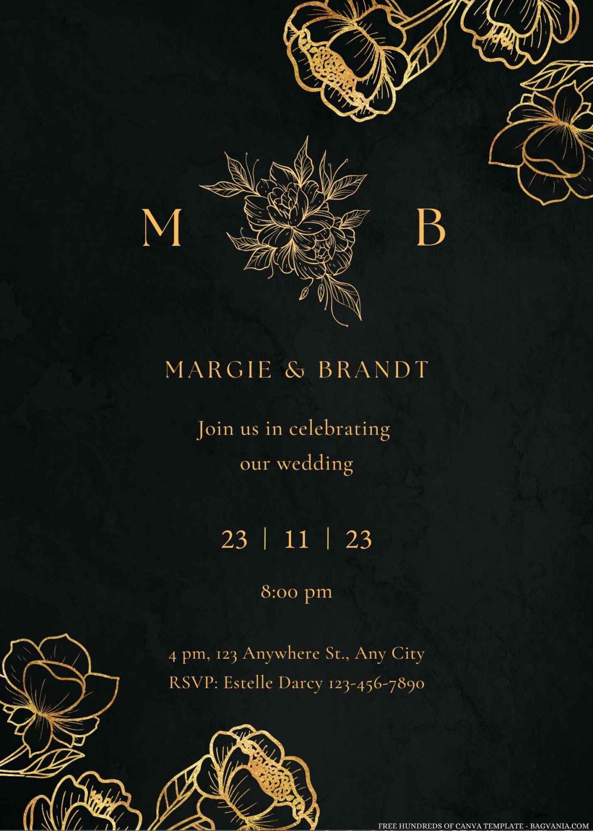 Free Editable Golden Floral Grey Marbled Wedding Invitation