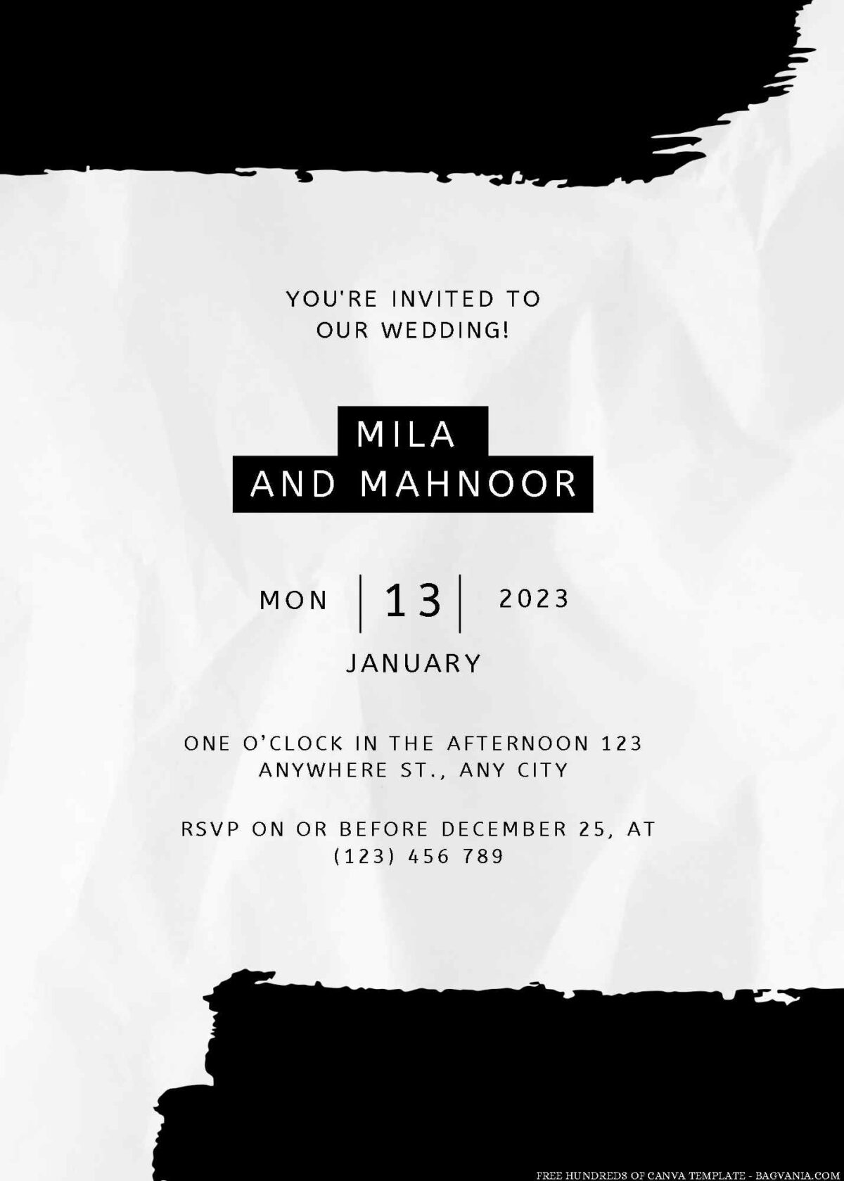 Free Editable Wrinkly Black and White Wedding Invitation