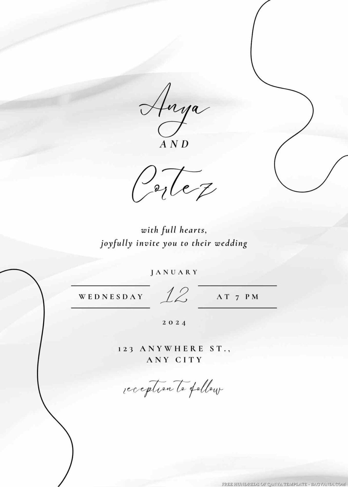 Free Editable Floral Shape Line Art White Wedding Invitation