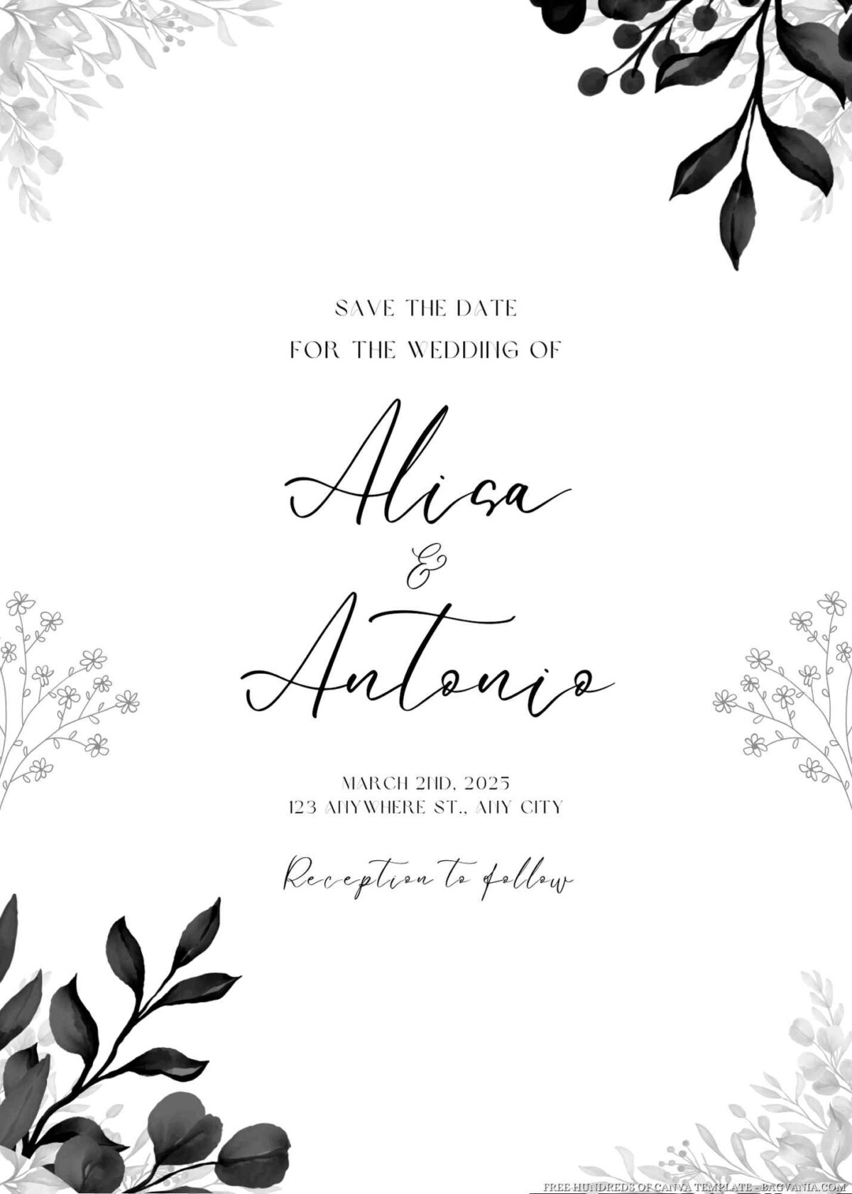 Free Editable Black Floral Arrangement Wedding Invitation 