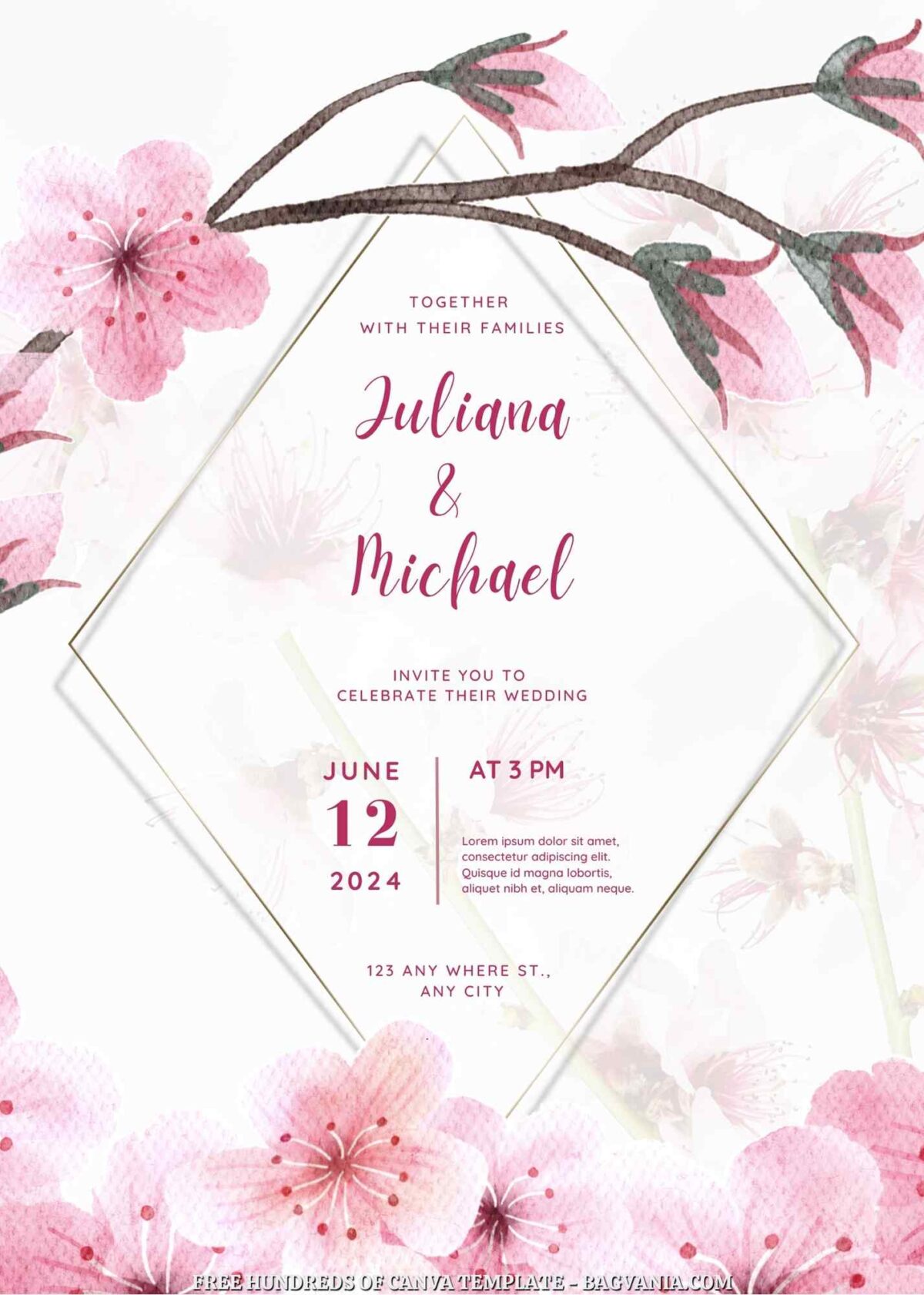 Free Editable Cherry Blossom Floral Wedding Invitation