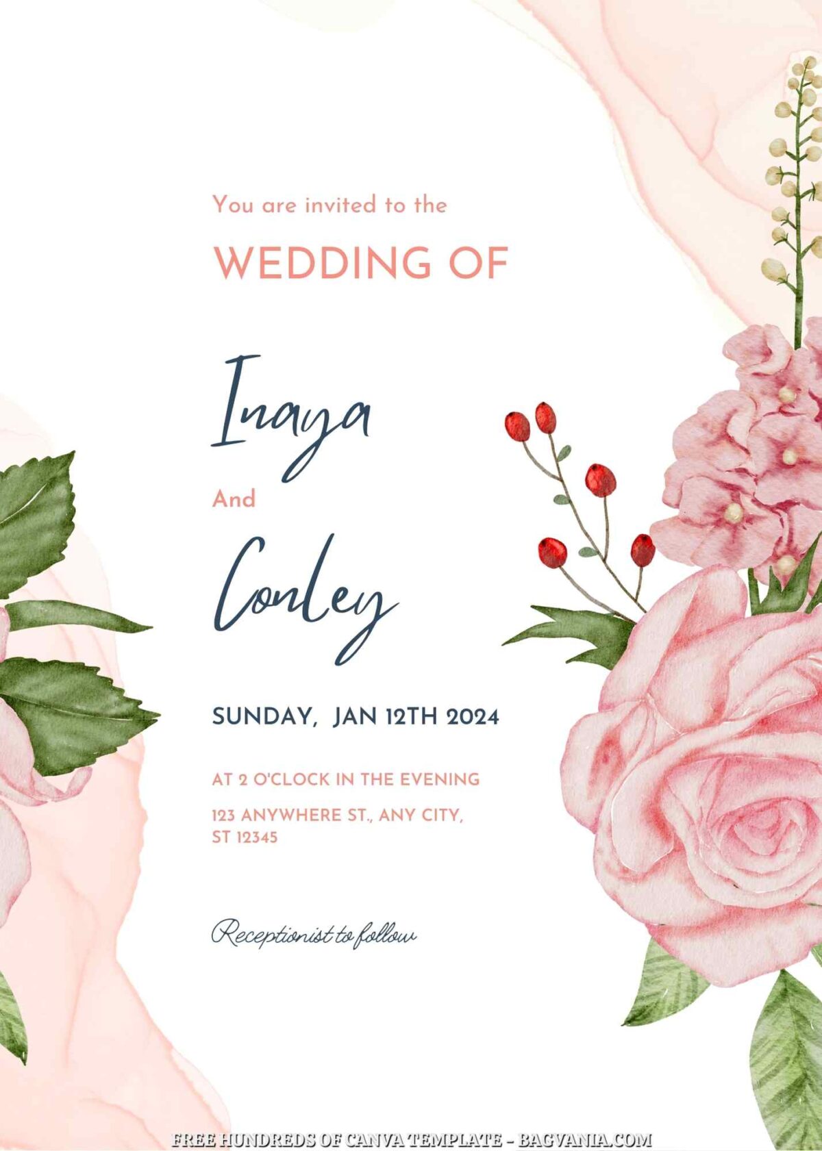 Free Editable Pink Floral Watercolor Wedding Invitation