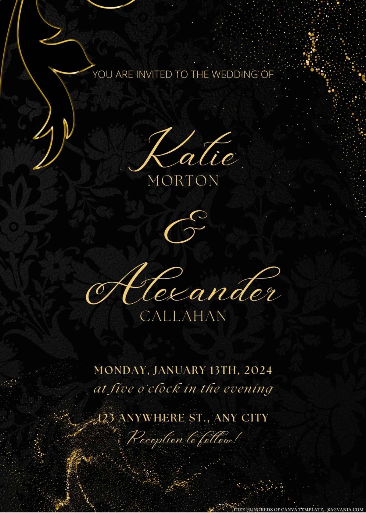 Free Editable Gold Glitter Black Background Wedding Invitation