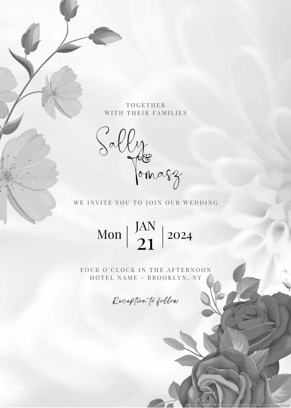 Free Editable Watercolor Black Roses Wedding Invitation