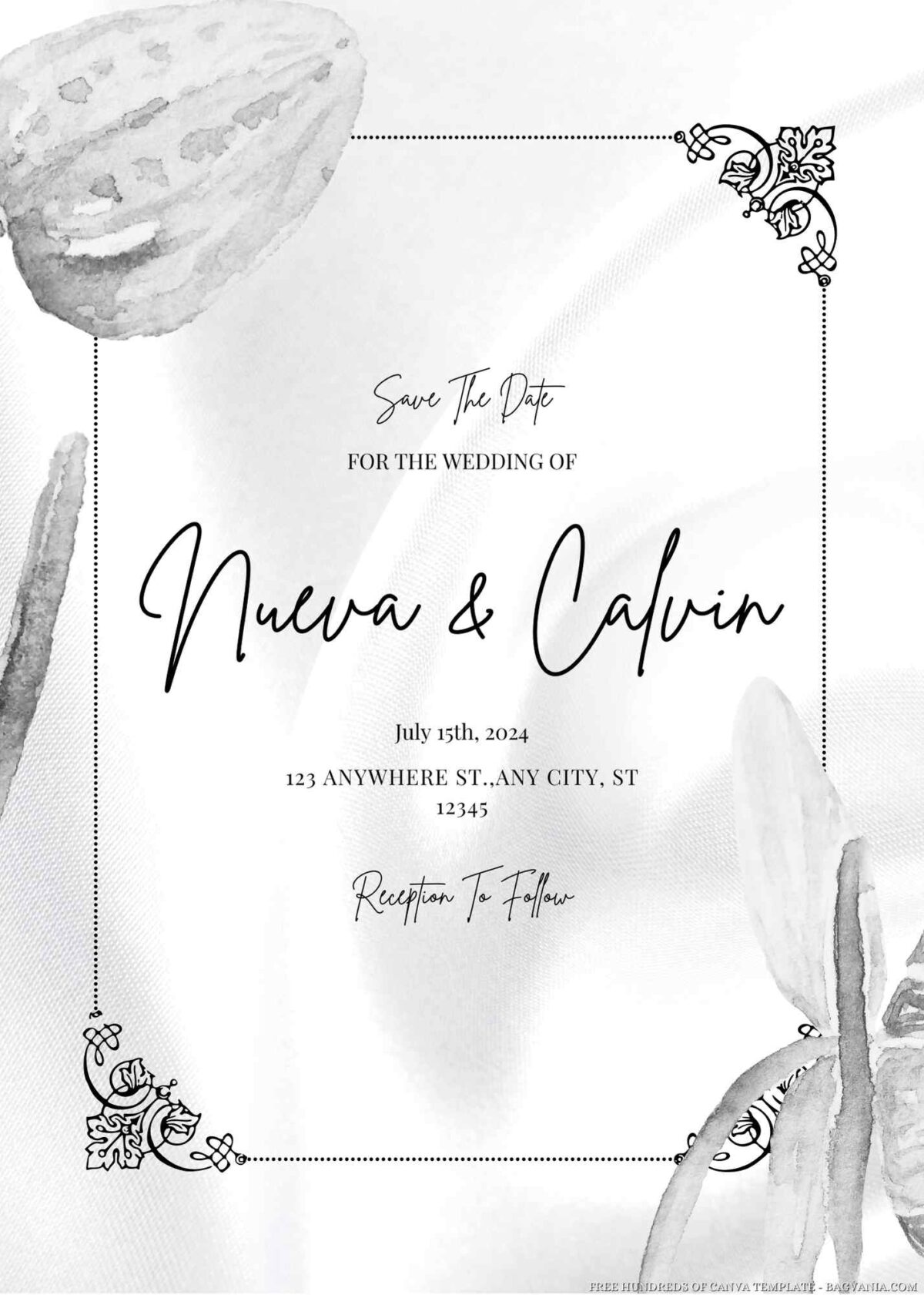 Free Editable Black White Silk Floral Wedding Invitation