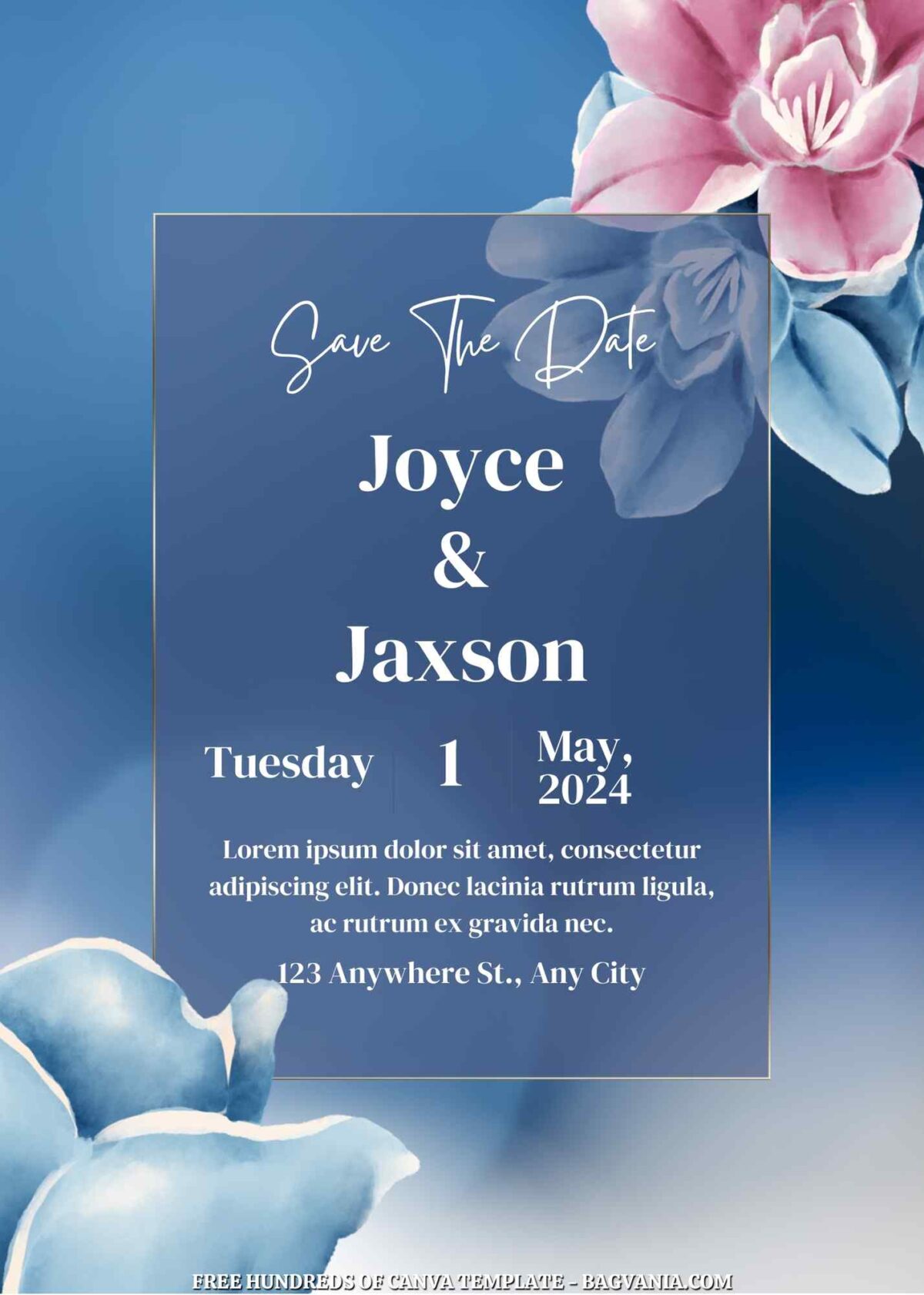 Free Editable Blue Floral Bokeh Wedding Invitations