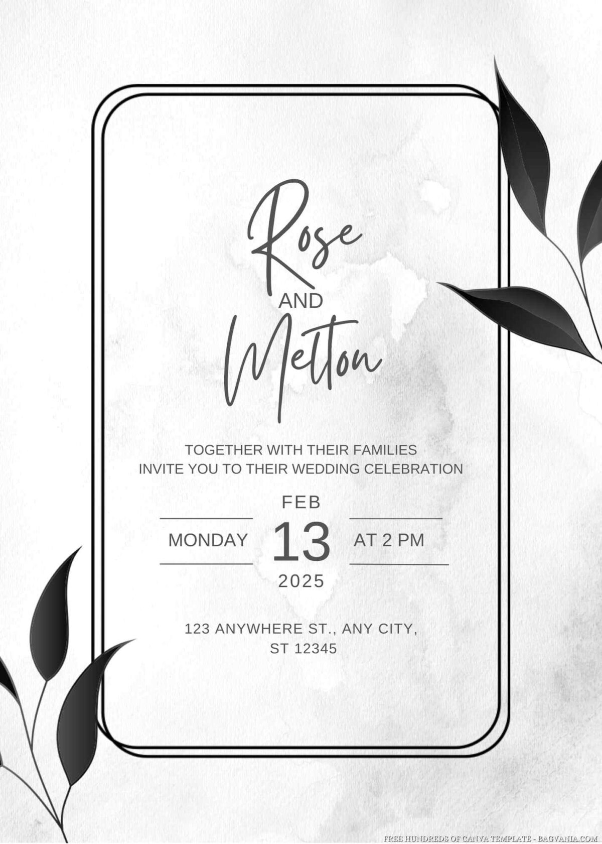Free Editable Black Elegant Leaf Wedding Invitation