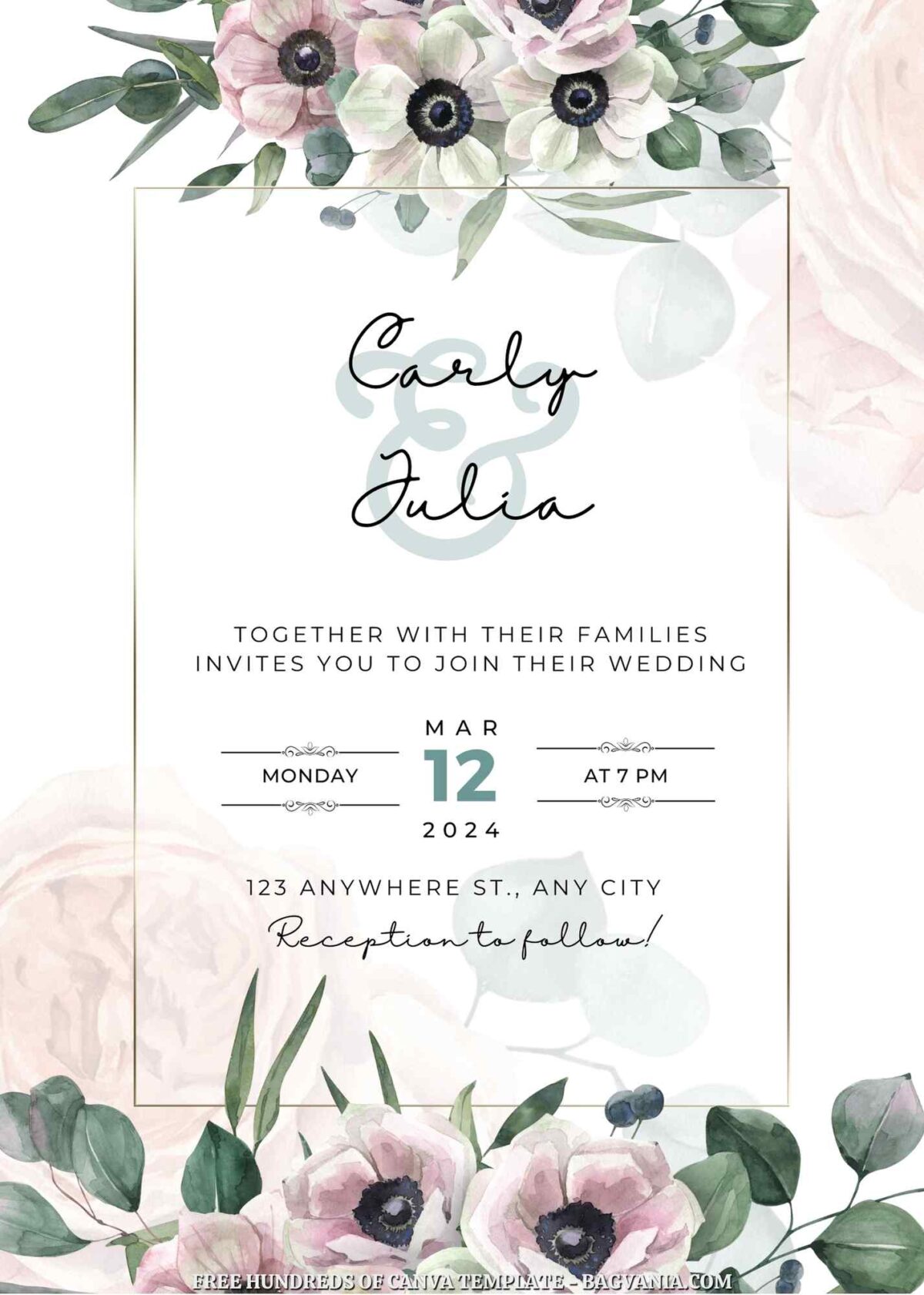 Free Editable Roses Eucalyptus Leaves Wedding Invitation 