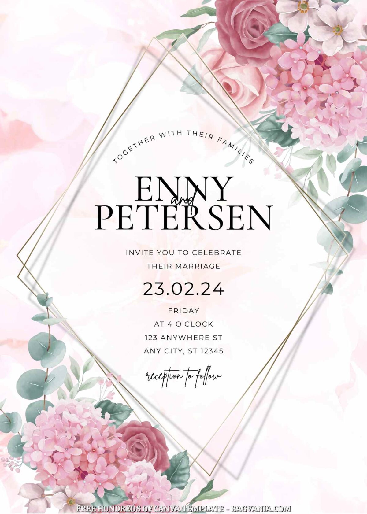 Free Editable Rose Flower Green Leaves Canva Wedding Invitation