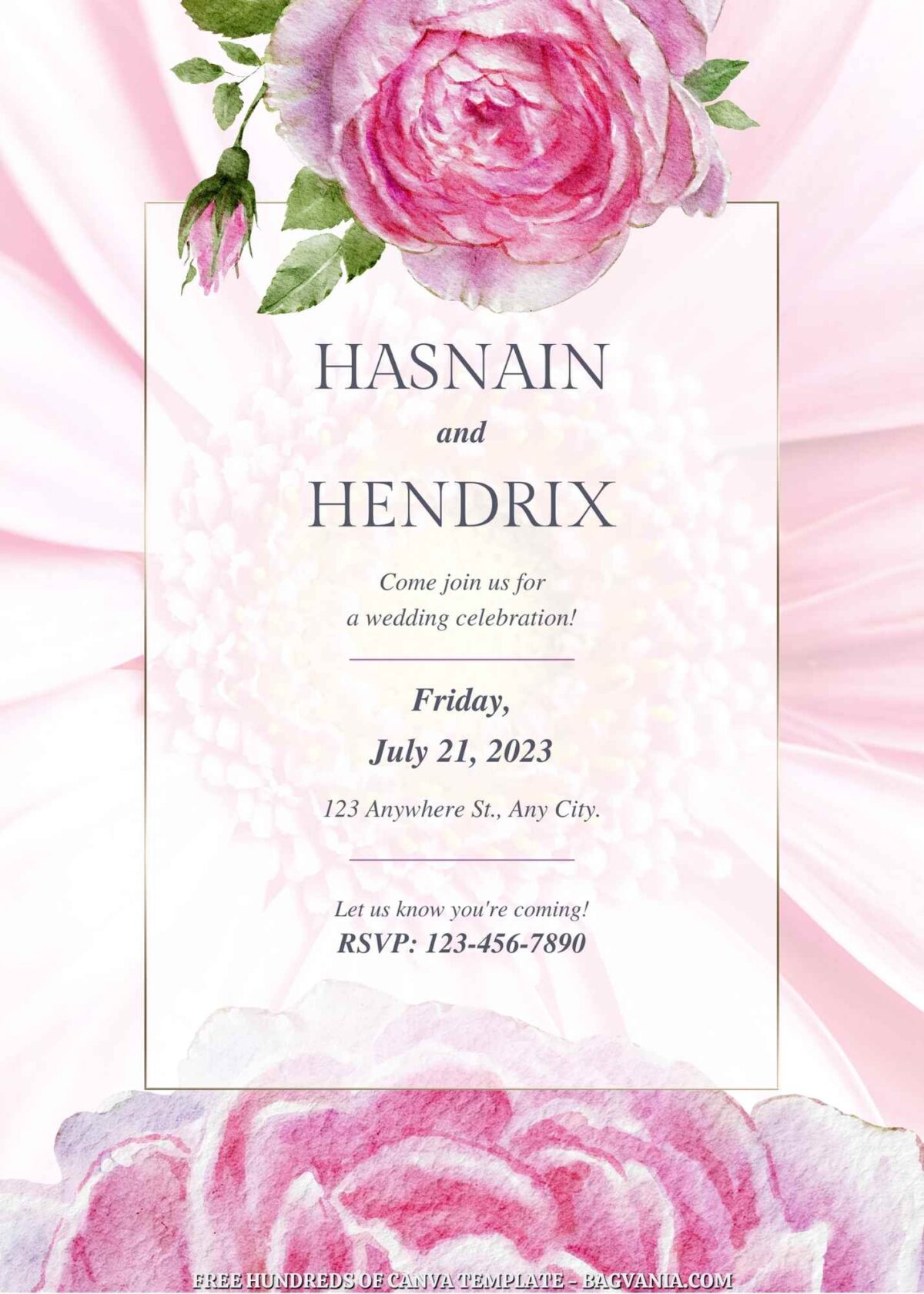 Free Editable Pink Rose Watercolor Wedding Invitation