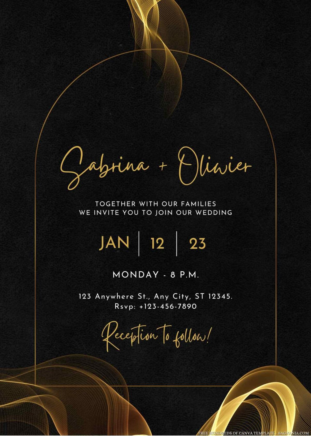 Free Editable Curved Gold Waves Lines Wedding Invitation