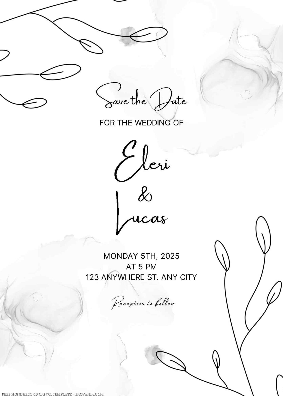 Free Editable Black White Floral Line Wedding Invitation