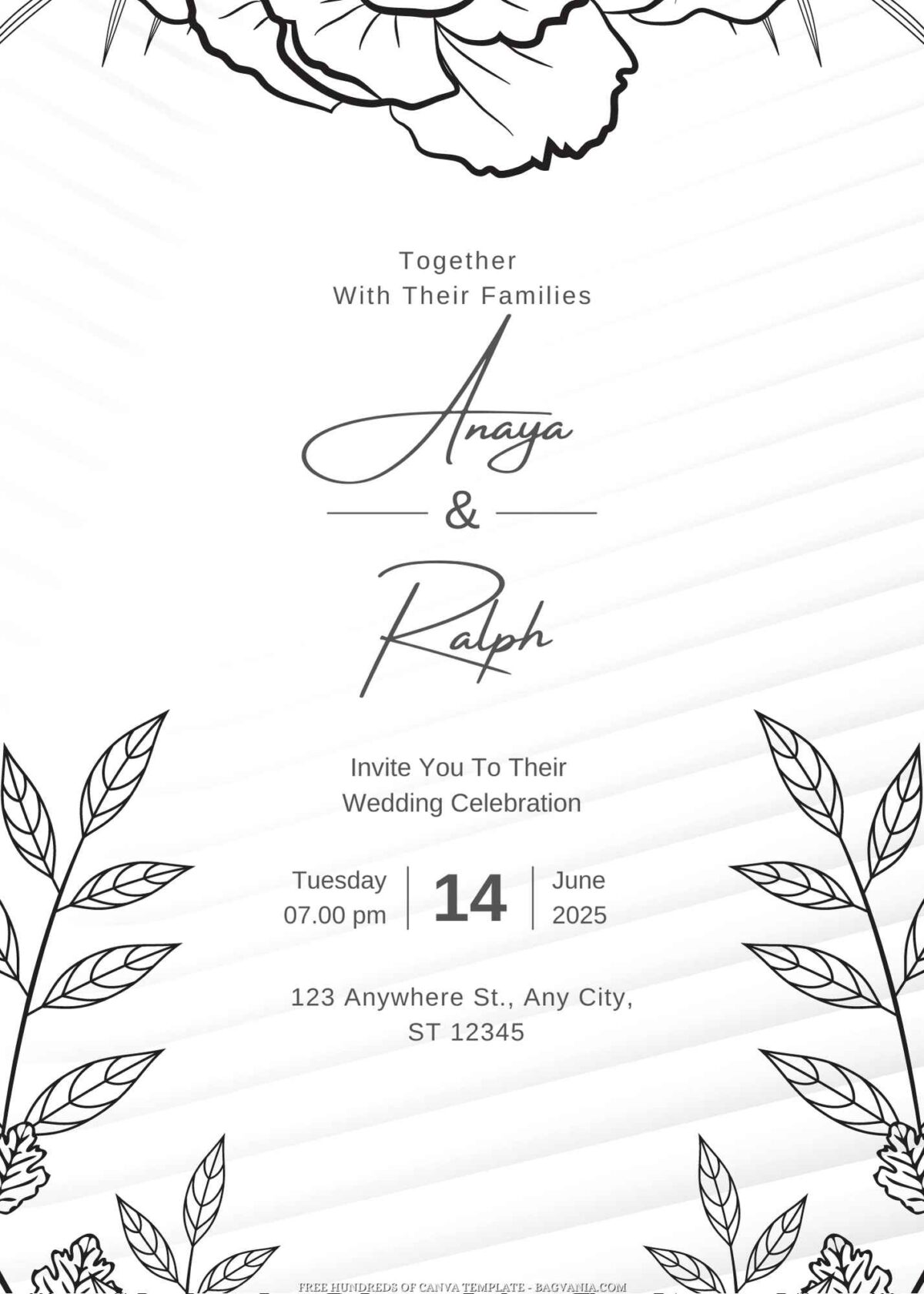 Free Editable Doodle Floral Black Line Wedding Invitation