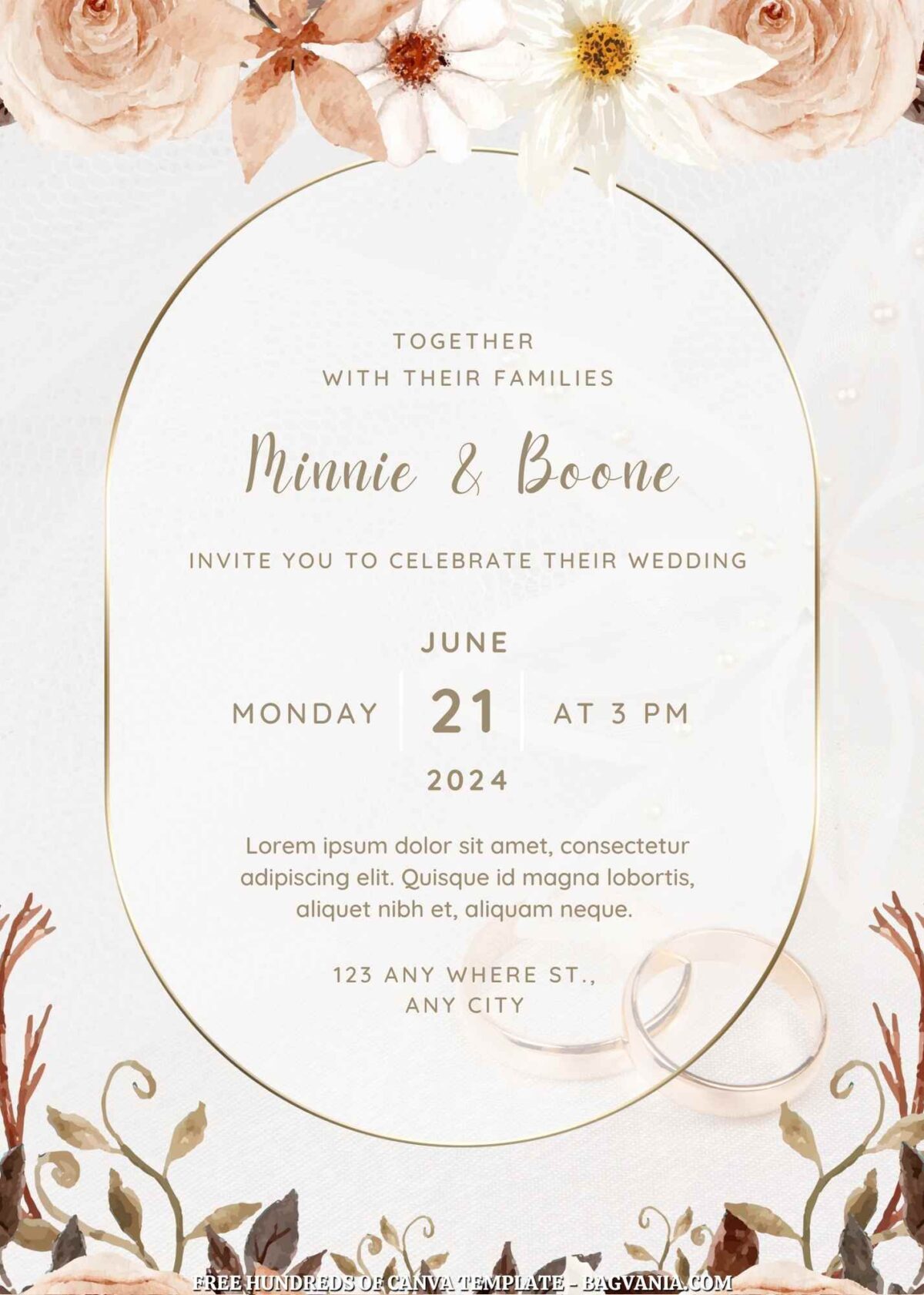Free Editable Elegant White Brown Floral Wedding Invitation