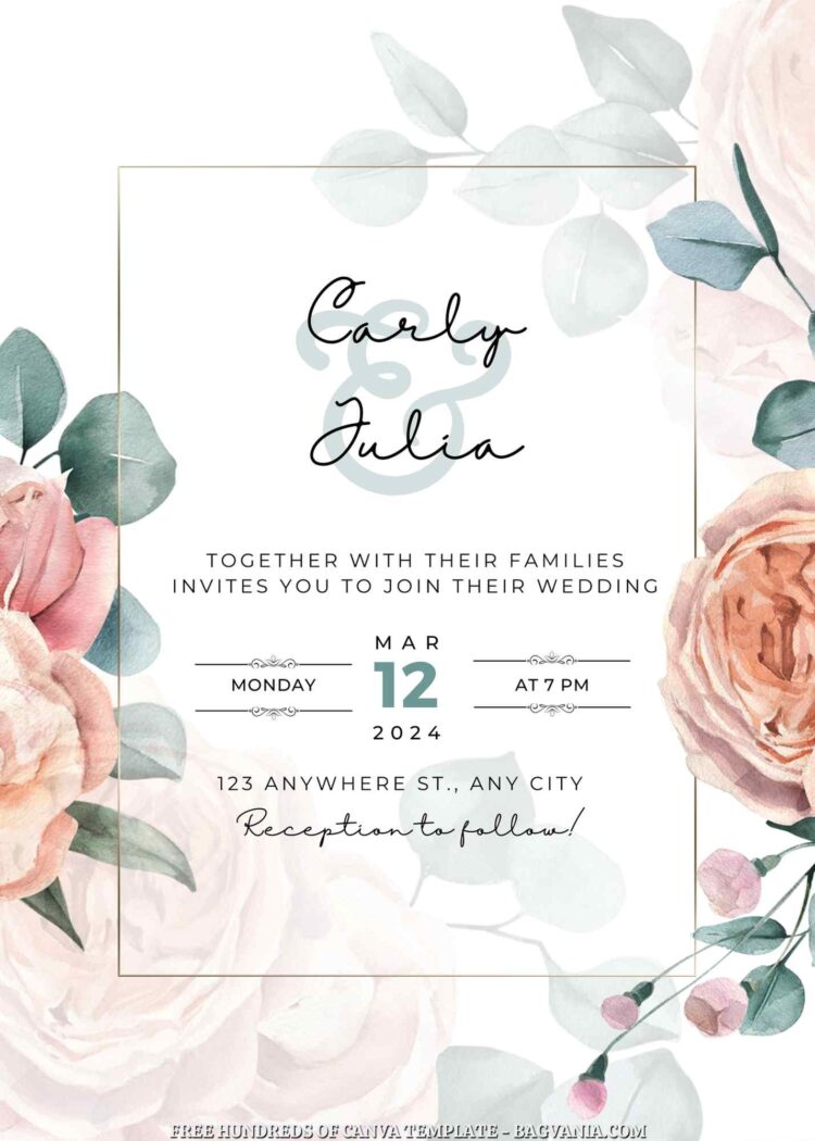 18+ Roses Eucalyptus Leaves Canva Wedding Invitation Templates | FREE ...